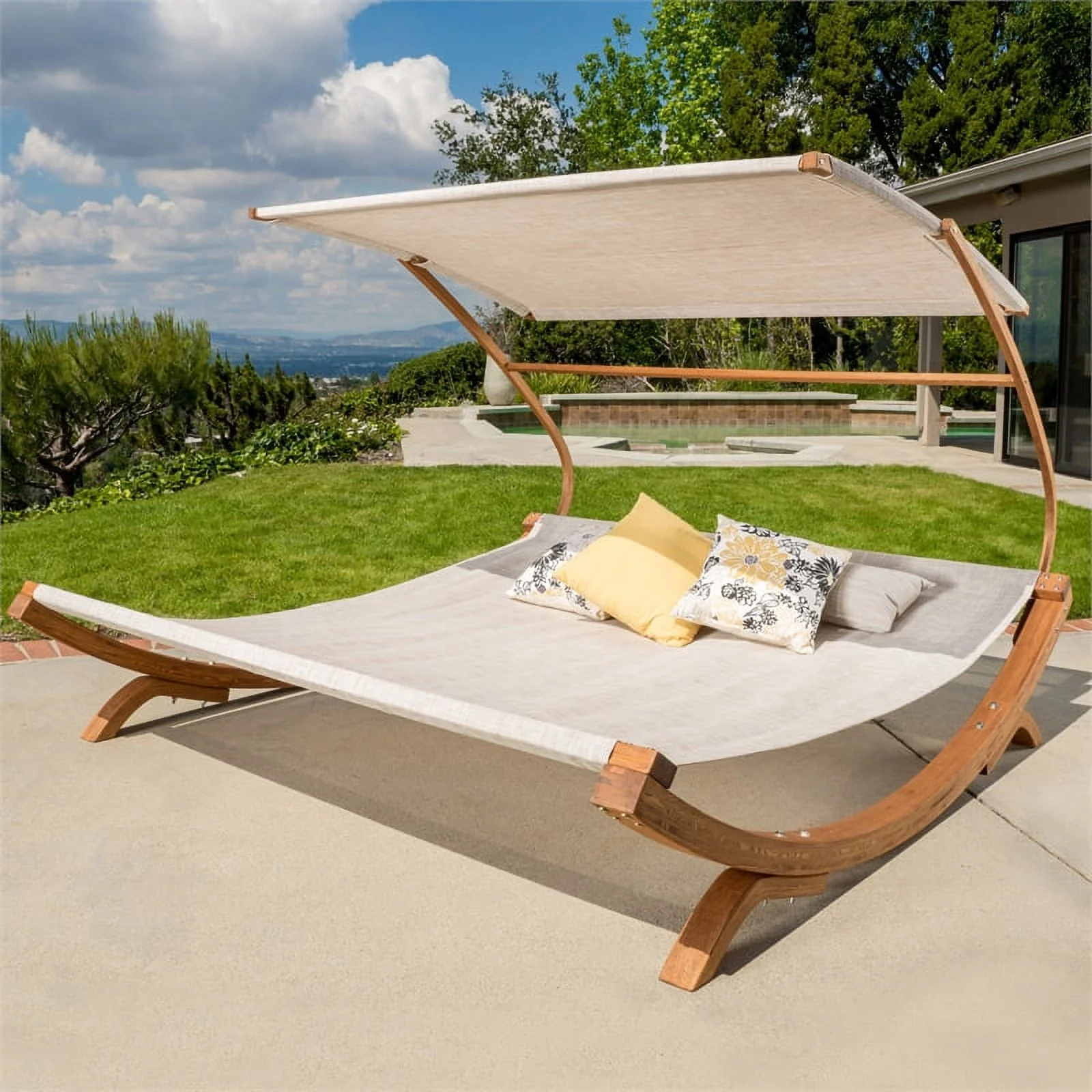 Noble House San Outdoor Fabric & Larch Wood Daybed with Canopy in Brown/White