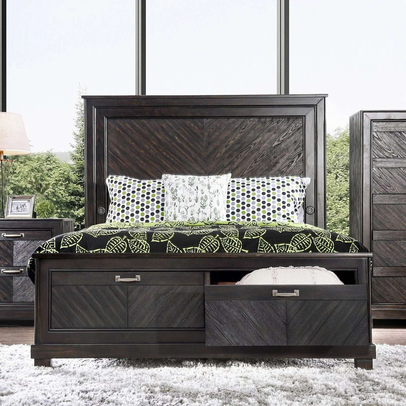 3pc Bedroom Set Espresso California King Size Bed Nightstands High Panel Headboard USB Storage Drawer FB Solid wood Furniture