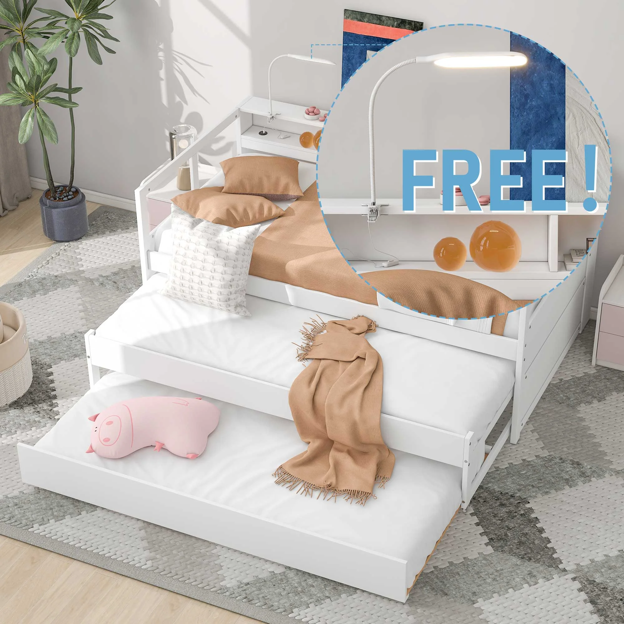 EUROCO Twin Platform Bed with Storage Shelf, Convertible Daybed with Night Light and USB Charging for Kids Teens Adults, 3 Beds in One, White