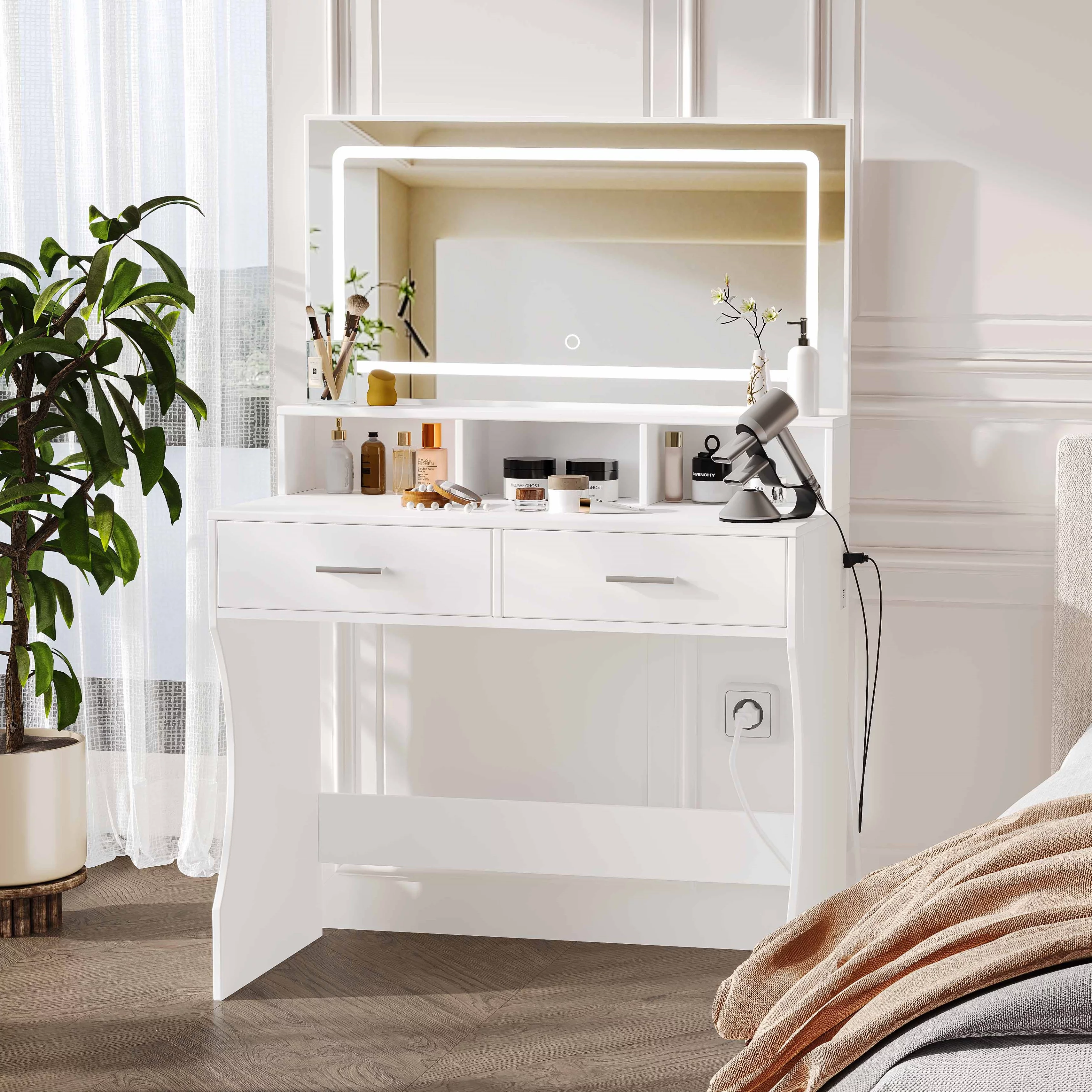 Rovaurx Makeup Vanity Desk with Mirror and 3-Color Dimmable Lights, Vanity Table with Charging Station & 2 Storage Drawers, Bedroom Dressing Table, White RSZT108W