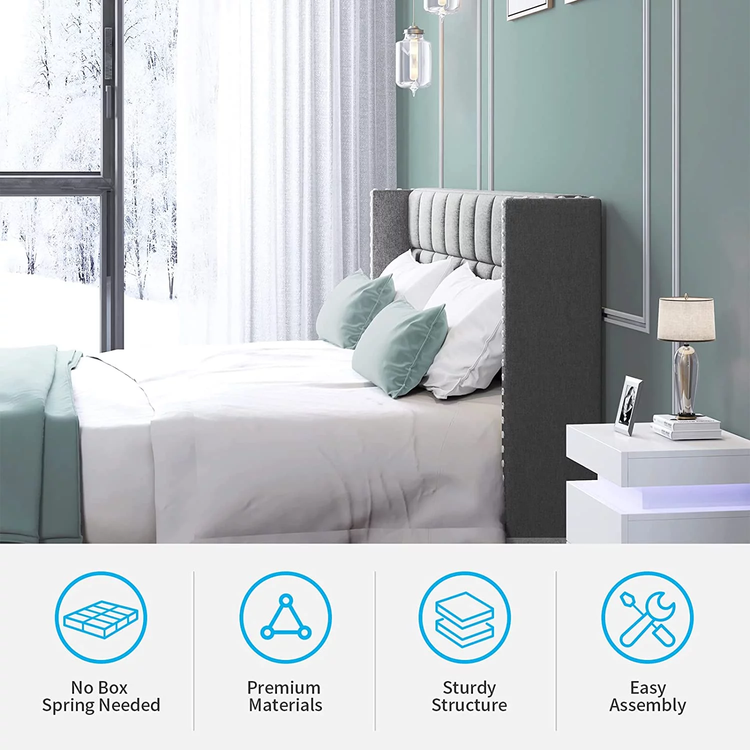 Mjkone Queen Size Platform Bed Frame, Wooden Bed Frame Queen Size, Modern Bed Frame with Headboard, Low Profile Bed Frame, No Box Spring Needed, Simple Assembly