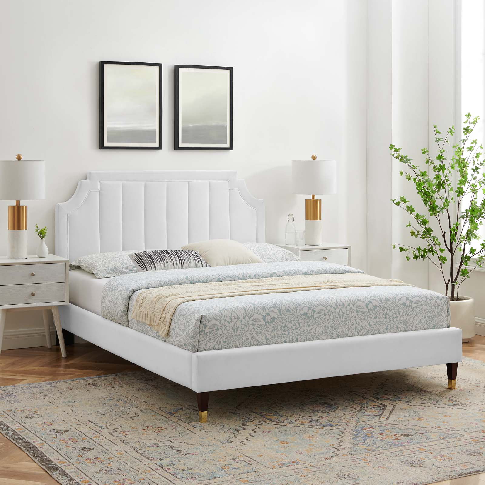 Platform Bed Frame, King Size, Velvet, White, Modern Contemporary Urban Design, Bedroom Master Guest Suite