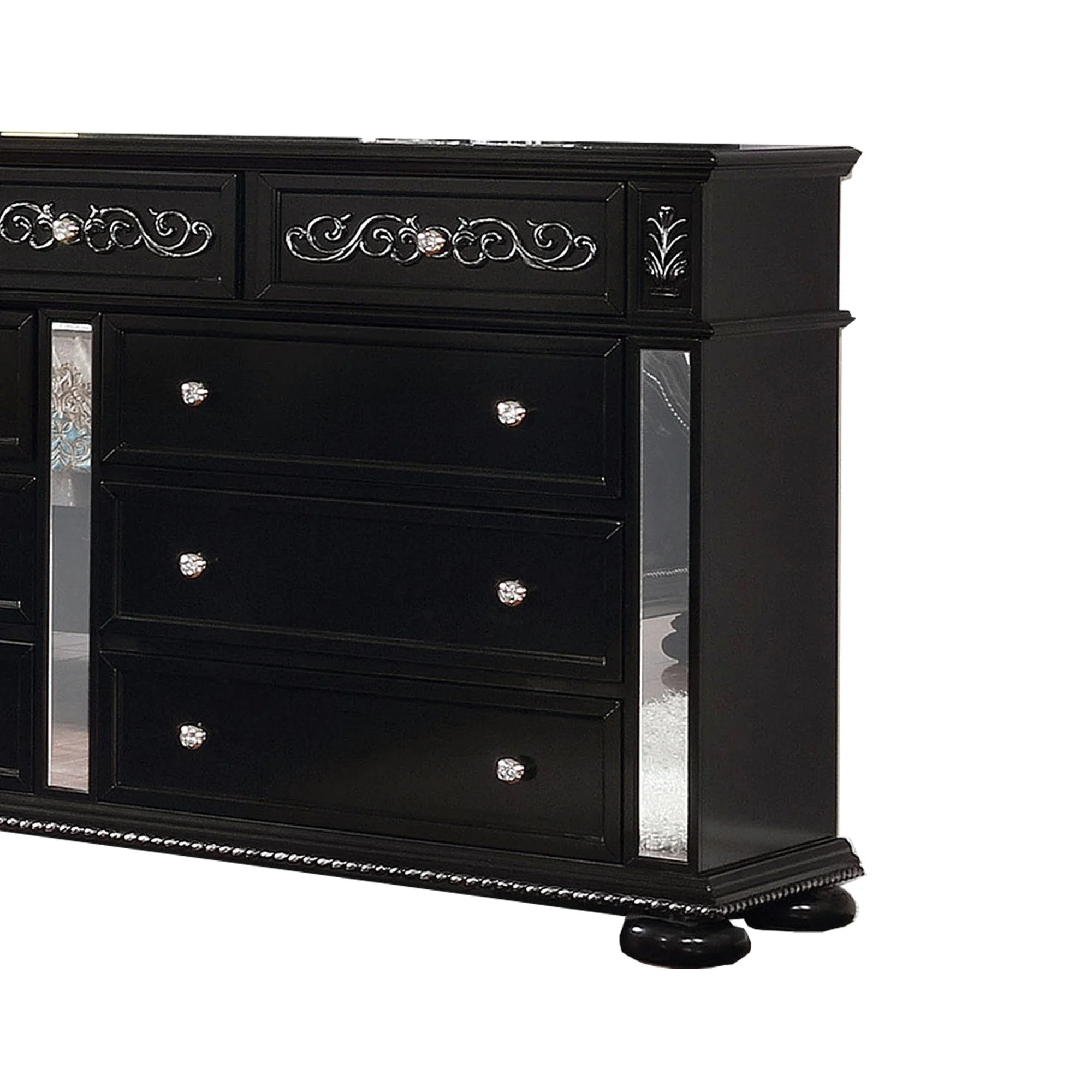 Wooden 9 Drawer Dresser with Mirror Inset and Bun Feet,Black and Clear