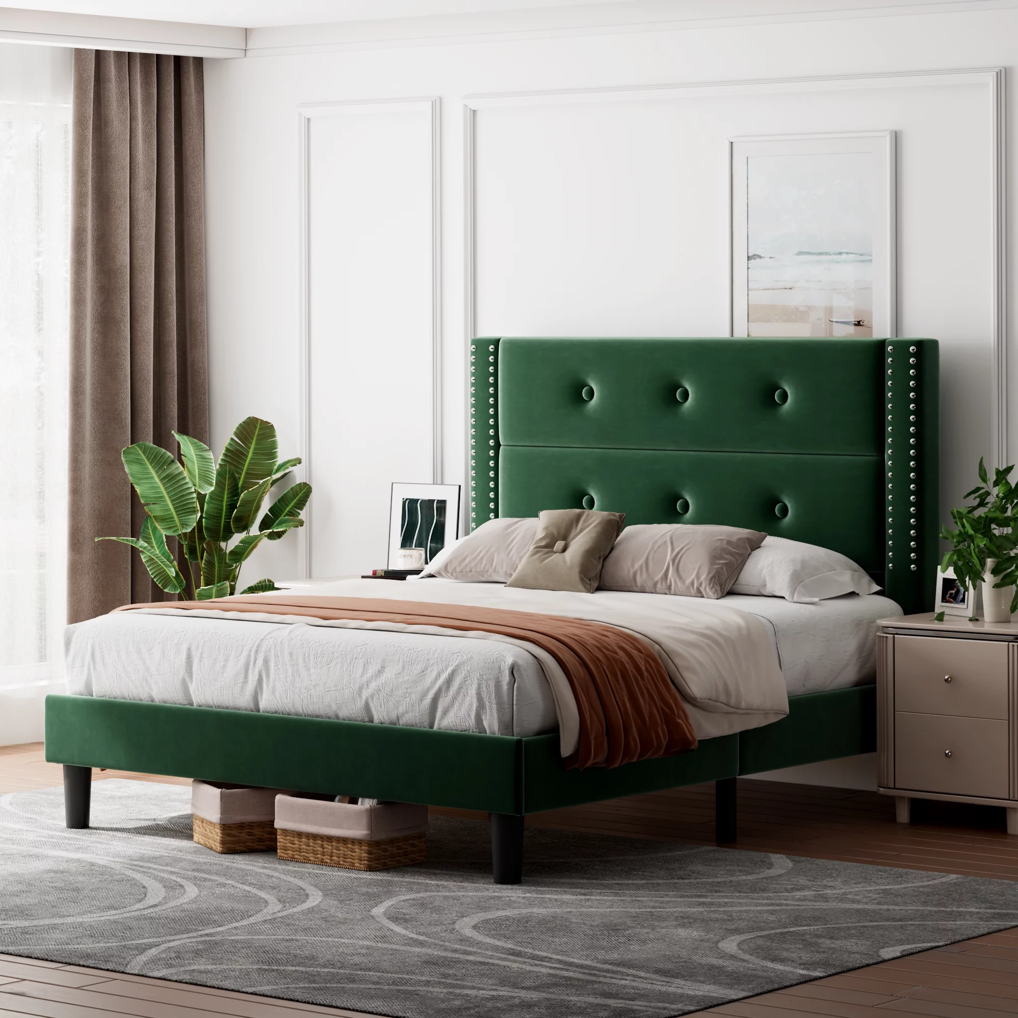 Feonase Queen Bed Frame, Modern Velvet Upholstered Platform Bed Frame with Button Tufting Headboard, Solid Wood Slats Support, No Box Spring Needed, Easy Assembly, Green