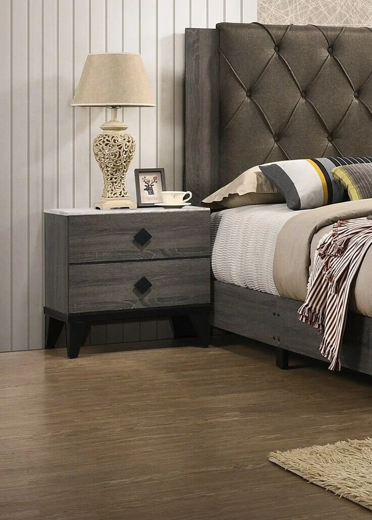 Transitional Style Grey California King Size Bed 4pc Set Dresser Mirror Nightstand Bedroom Furniture Wooden Home