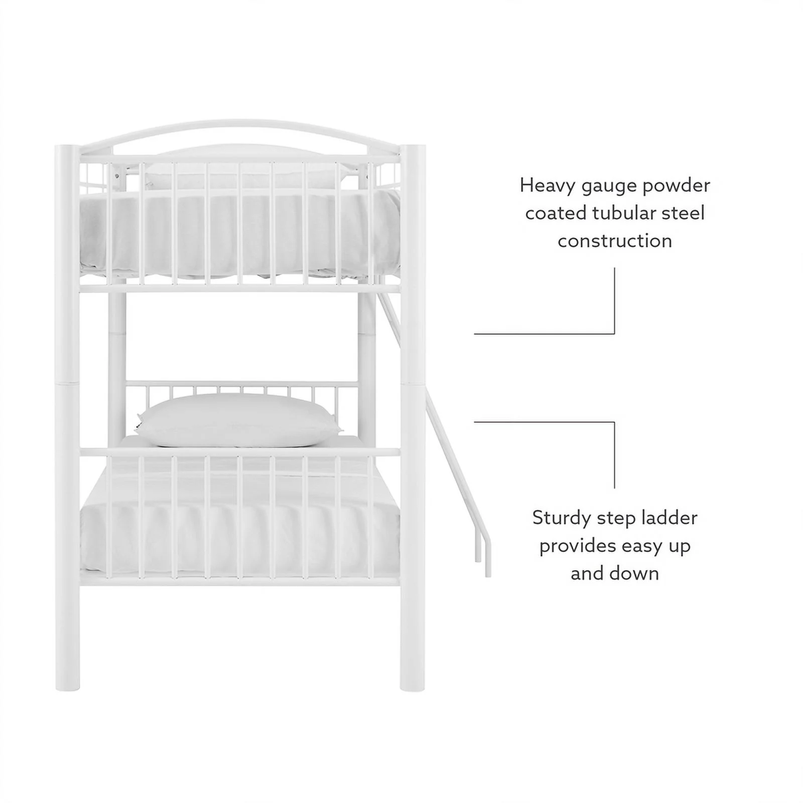 Linon Heavy Metal Twin Over Twin Bunk Bed Attached Ladder in White