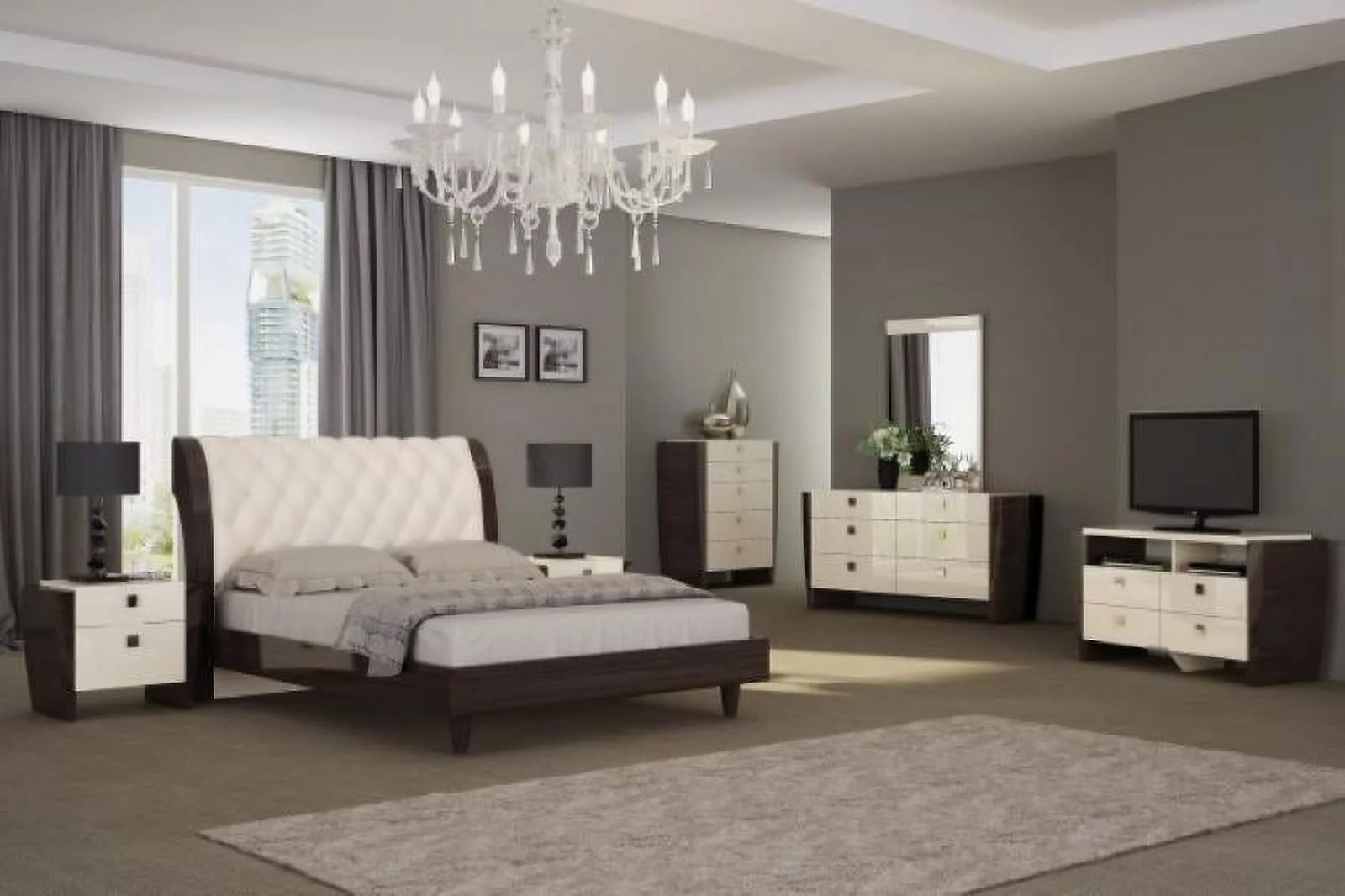 Wenge & Beige Gloss Finish Tufted King Bedroom Set 5Pcs Global United Paris