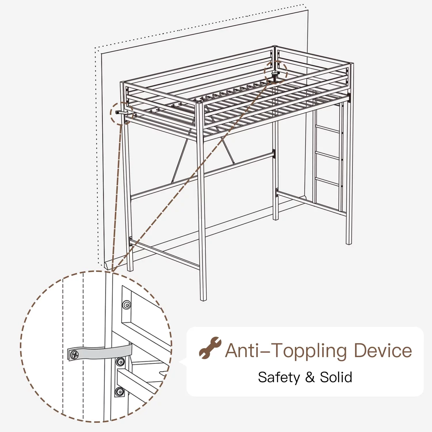 Einfach Metal Loft Bed Twin Size, Safety Guard & Removable Ladder, Black