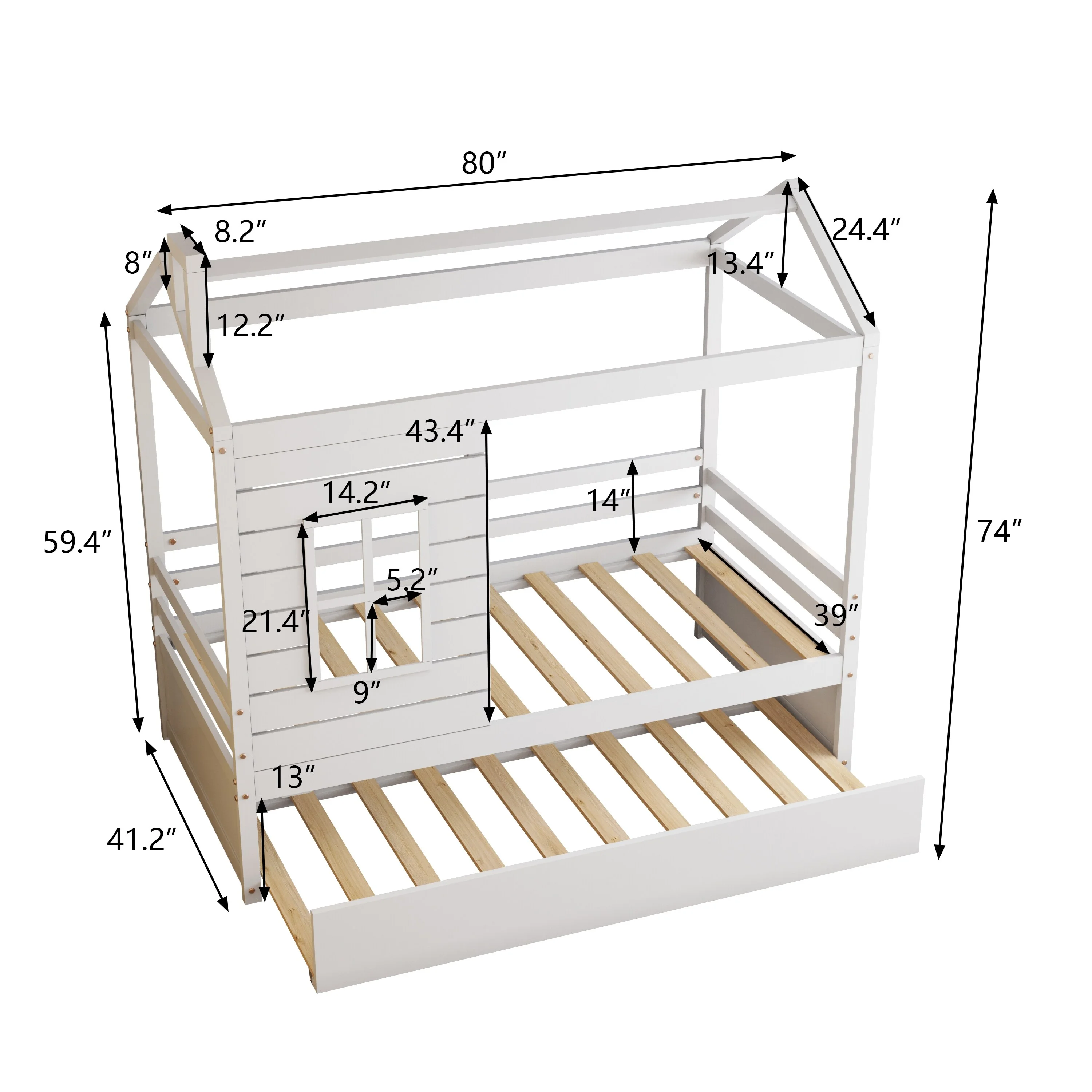 Twin Size House Bed with Twin Size Trundle White