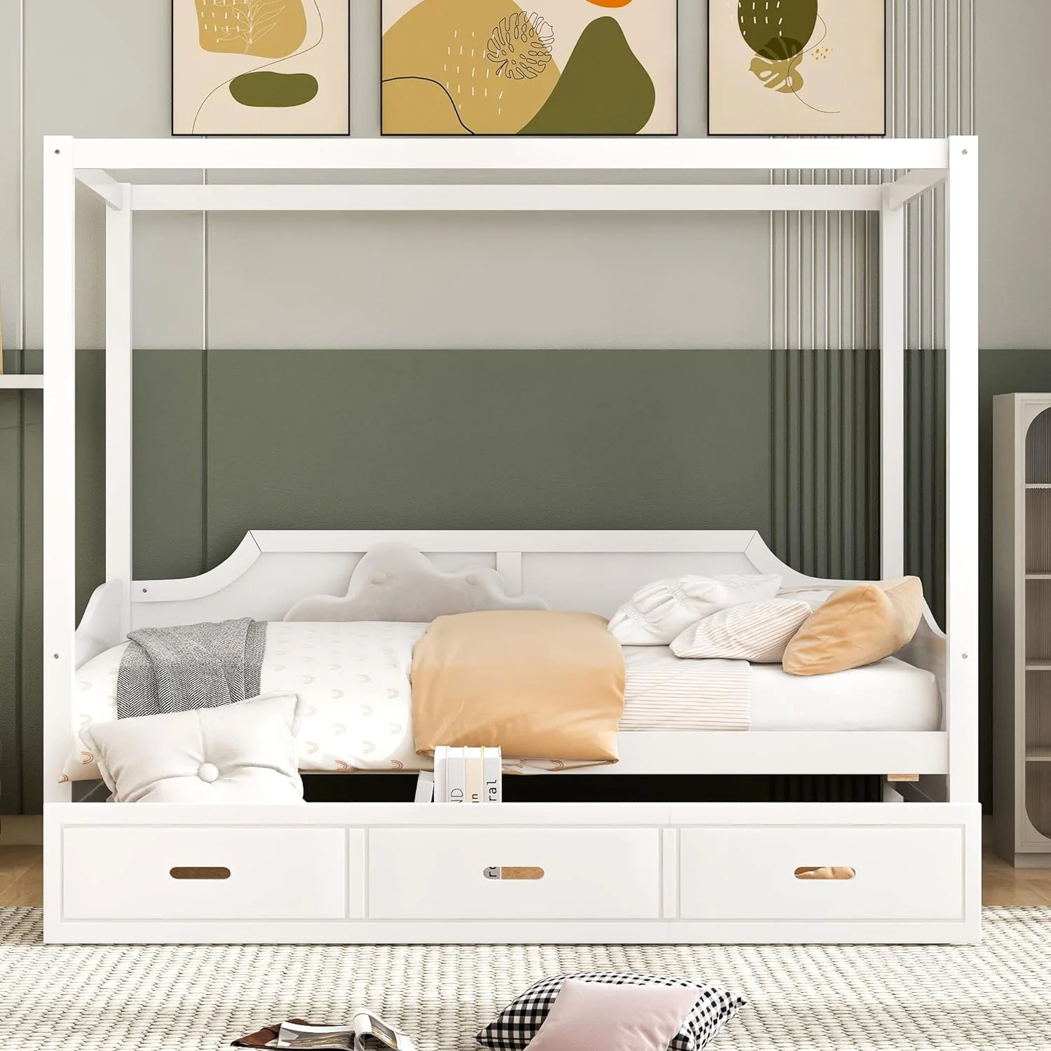 Caopy Bed Wih Sorage, Wood Daybed Frame Wih 3 Drawers, Sofa Bed, Plaform Bed Frame For Kids, ees, Aduls, o Box Sprig Required, Whie