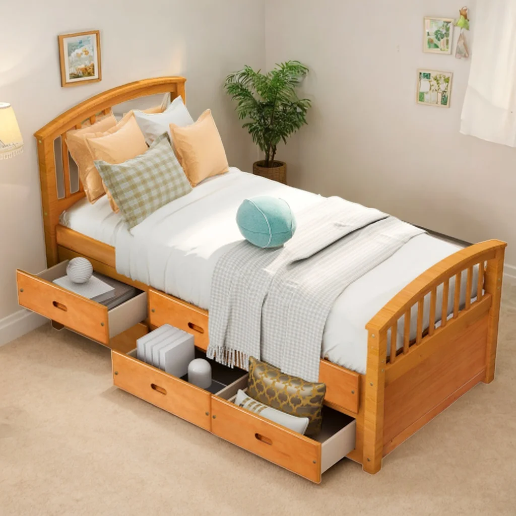 Twin Size Platform Storage Bed Solid Wood Bed with 6 Drawers Comfort Bed for Bedroom (Oak)