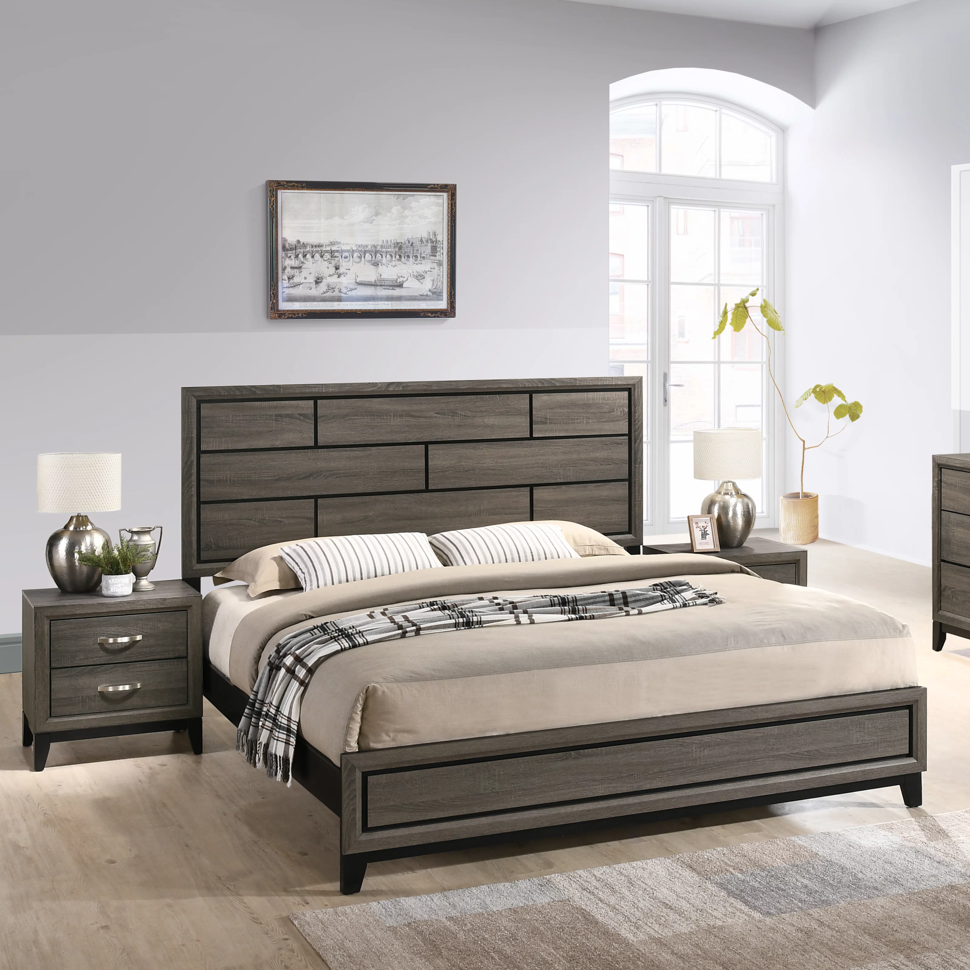 Stout 3-Piece Panel Bedroom Set with Queen Bed and Two Nightstands, Gray