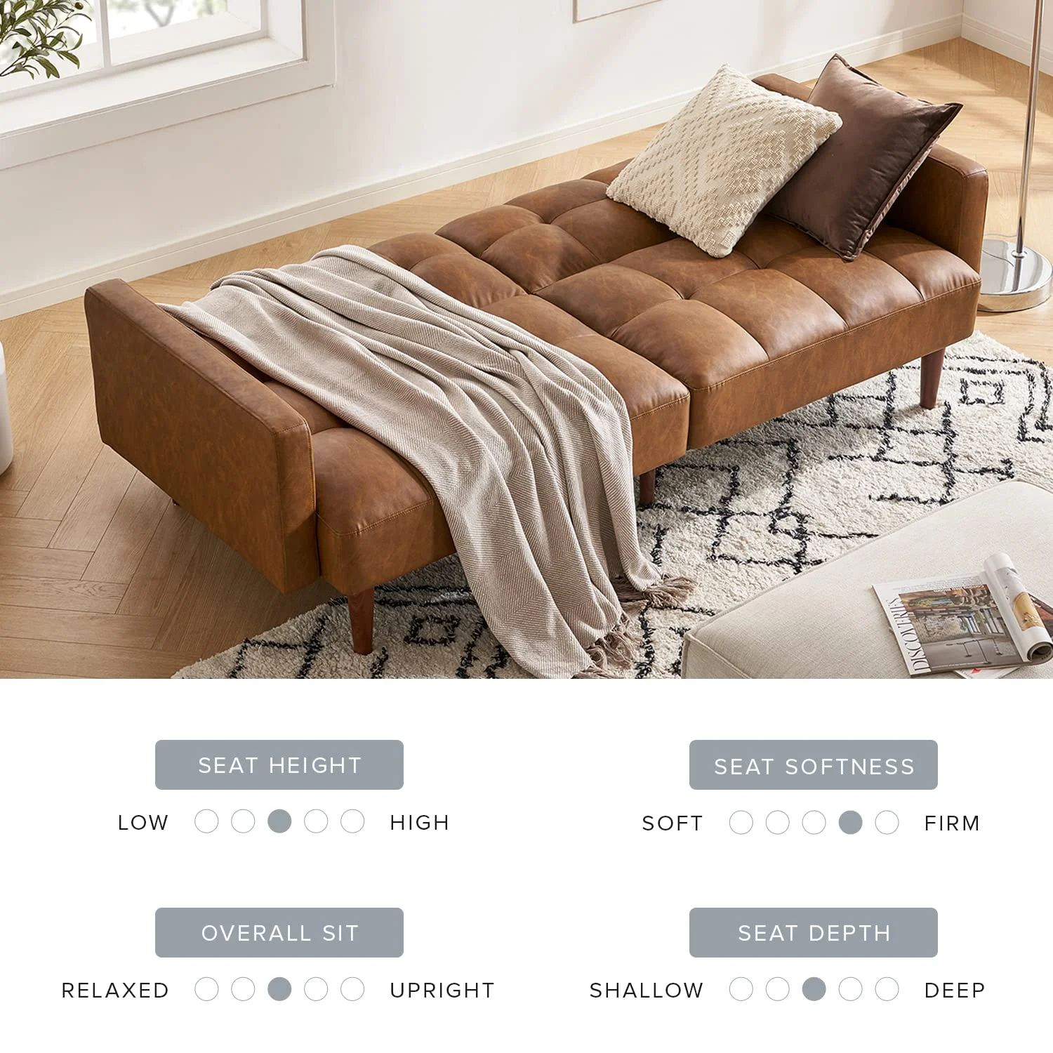 Mopio Aaron Mid Century Modern Faux Leather Convertible Futon 77.5