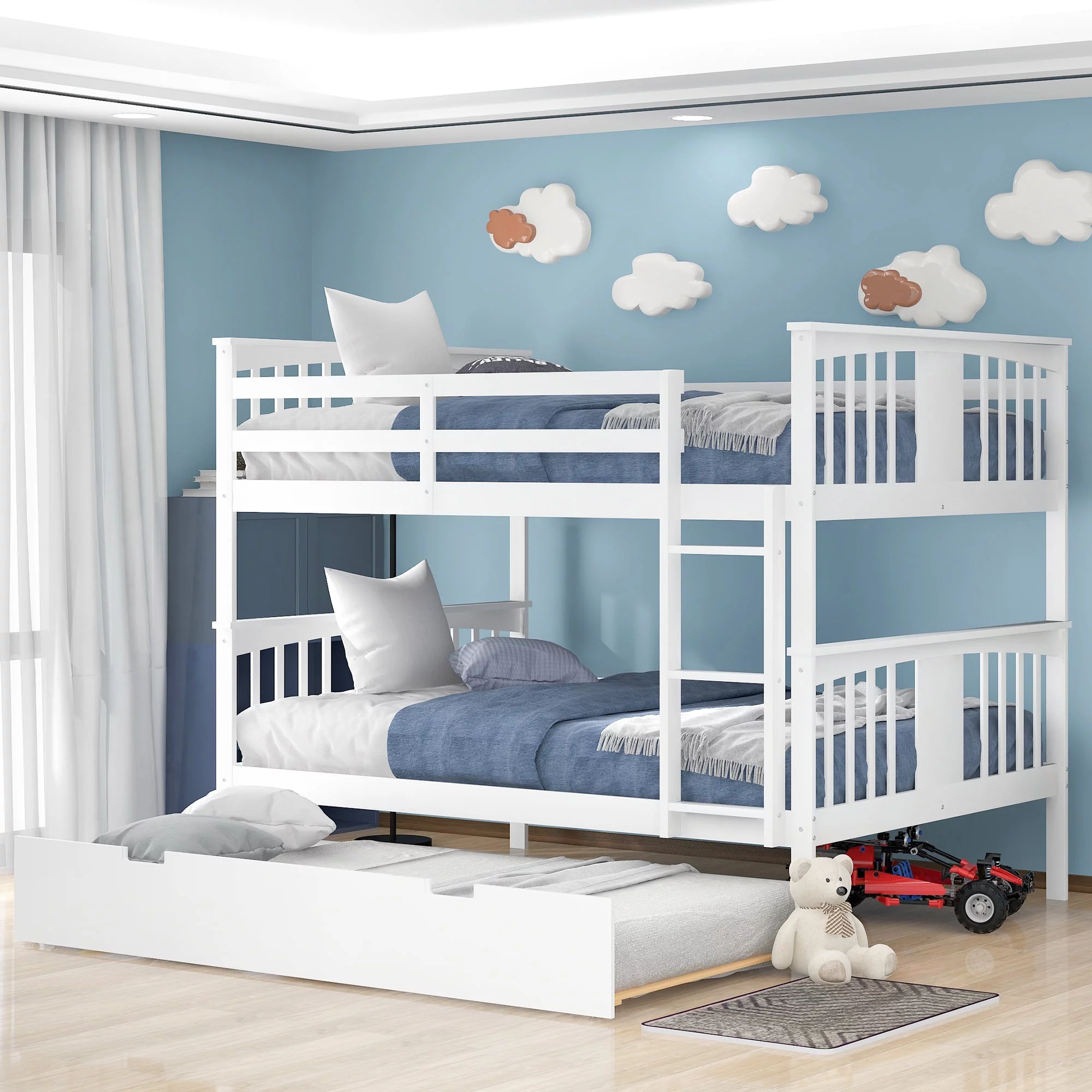 Full-Over-Full Bunk Bed with Twin Size Trundle Ladder and Guard Rail, Pine Wood Frame for Adult, Kids, Teens, Boys and Girls, No Box Spring Needed