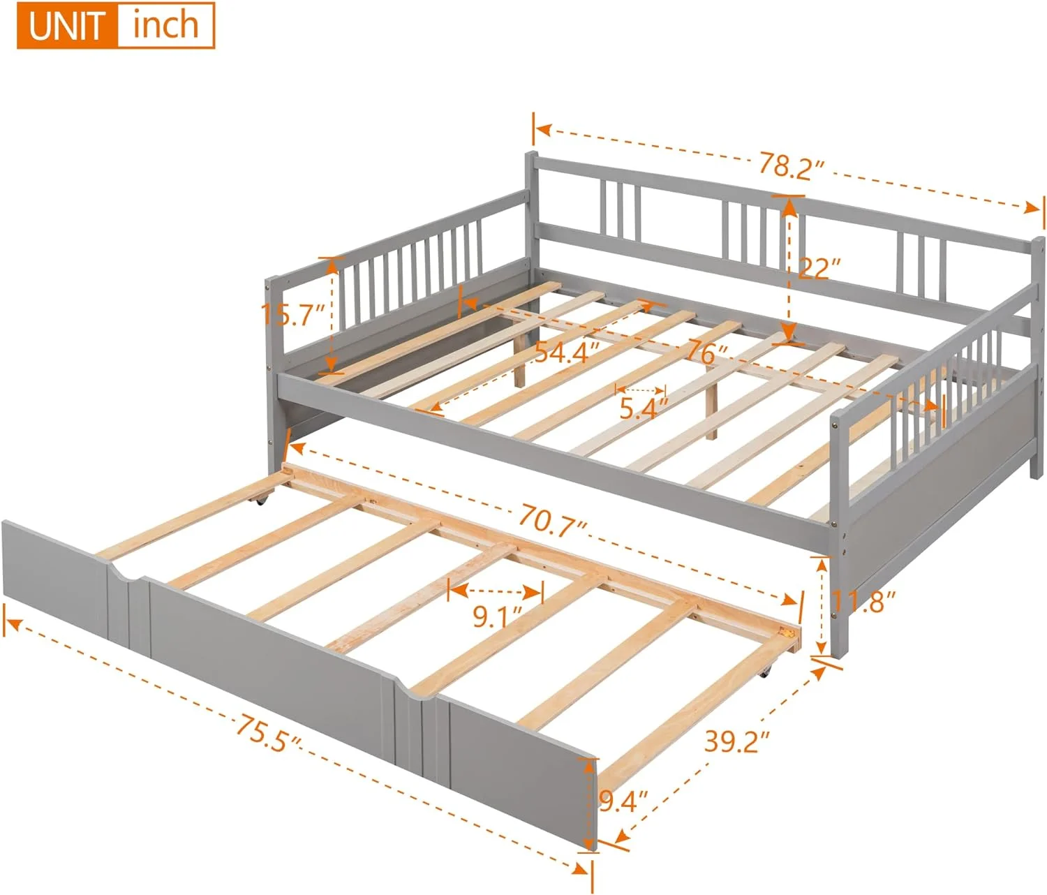 Full Size Daybed with Trundle, Modern Wood Sofa Day Bed Frame with Twin Size Trundle for Kids Boys, No Box Spring Need, Easy Assembly