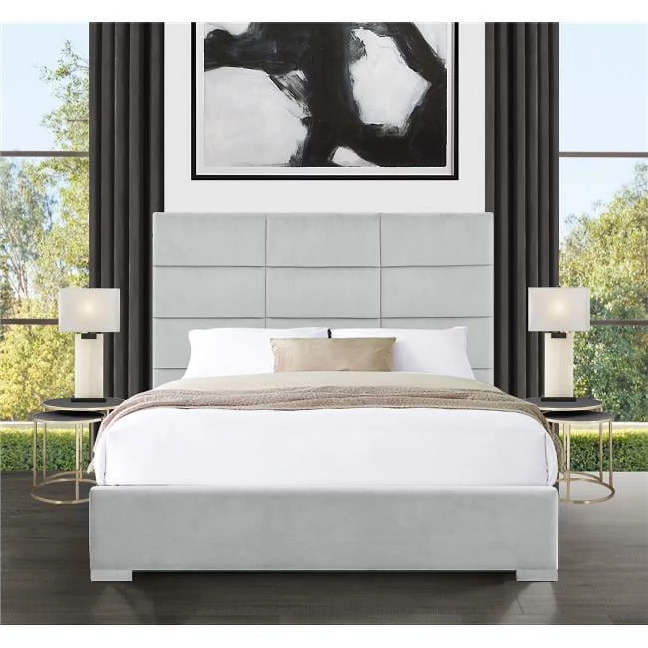 55.5 x 83 x 88.5 in. Mezzo Storage Platform Bed Frame with Velvet Upholstered Box Quilted Headboard, Silver - King Size