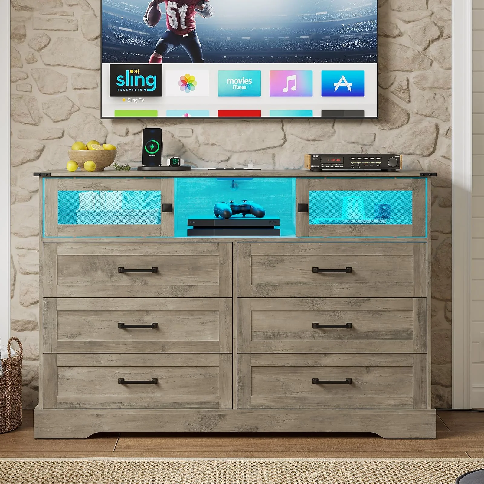 Weiplehoom 6 Drawer Dressers for Bedroom with LED Lights and Charging Station, Farmhouse Rustic Oak