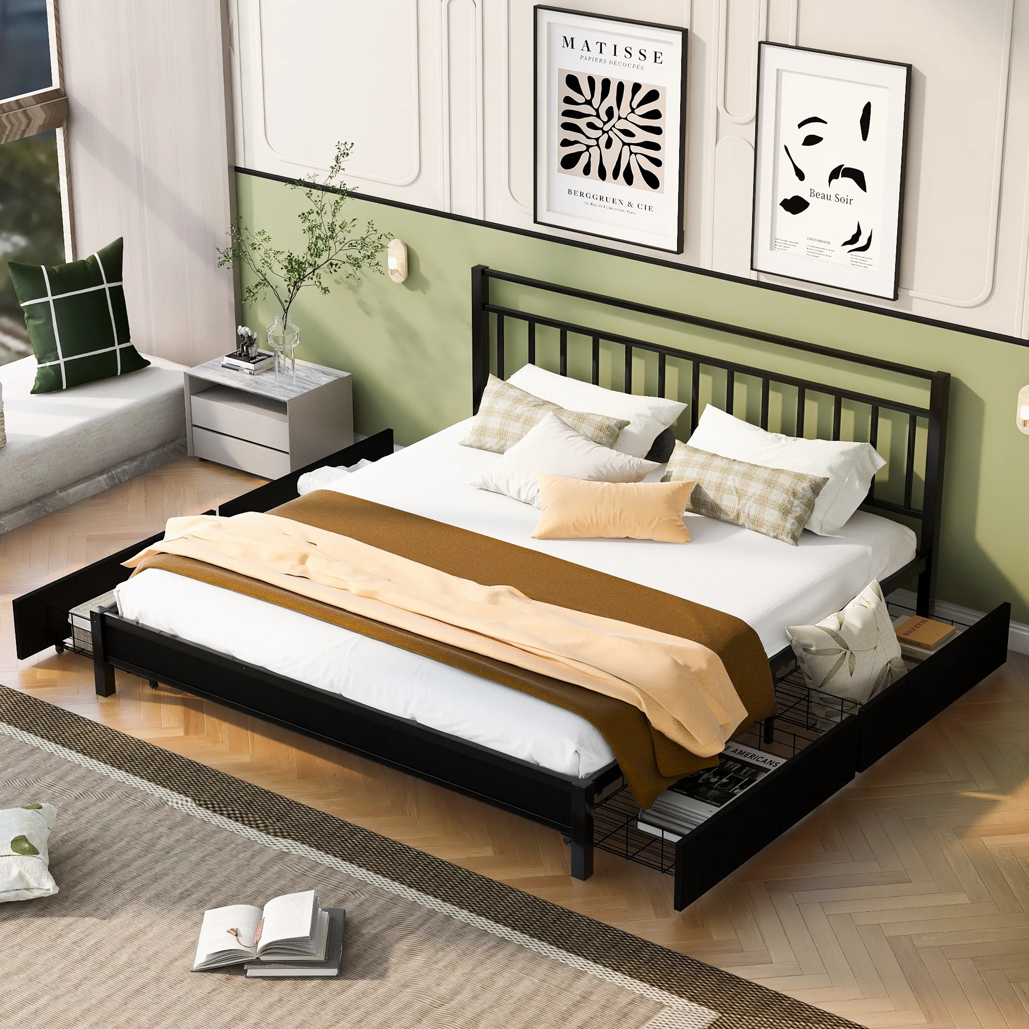 Churanty Metal King Size Storage Platform Bed with 4 Drawers and Headboard,King Platform Bed Frame with Large Storage Space for Teens Adults,Black