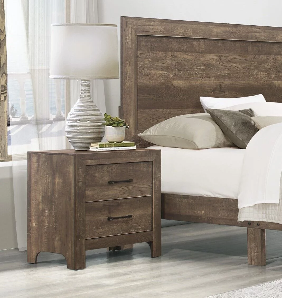 Contemporary Rustic Brown Finish 5 Piece Bedroom Set Twin Bed Nightstand Dresser Mirror Chest Simple Design