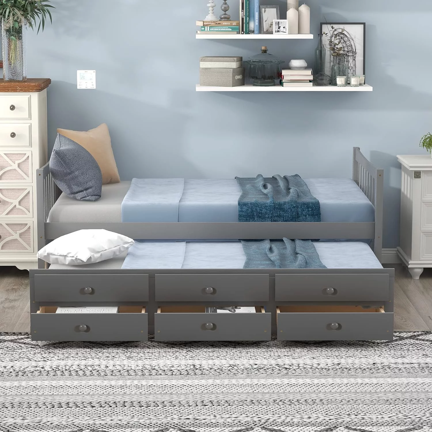 Size Daybed With Size Trundle And Drawers, Wood Bed Frame With Headboard And Footboard, Wooden Daybed For Kids Adults Bedroom, Gray