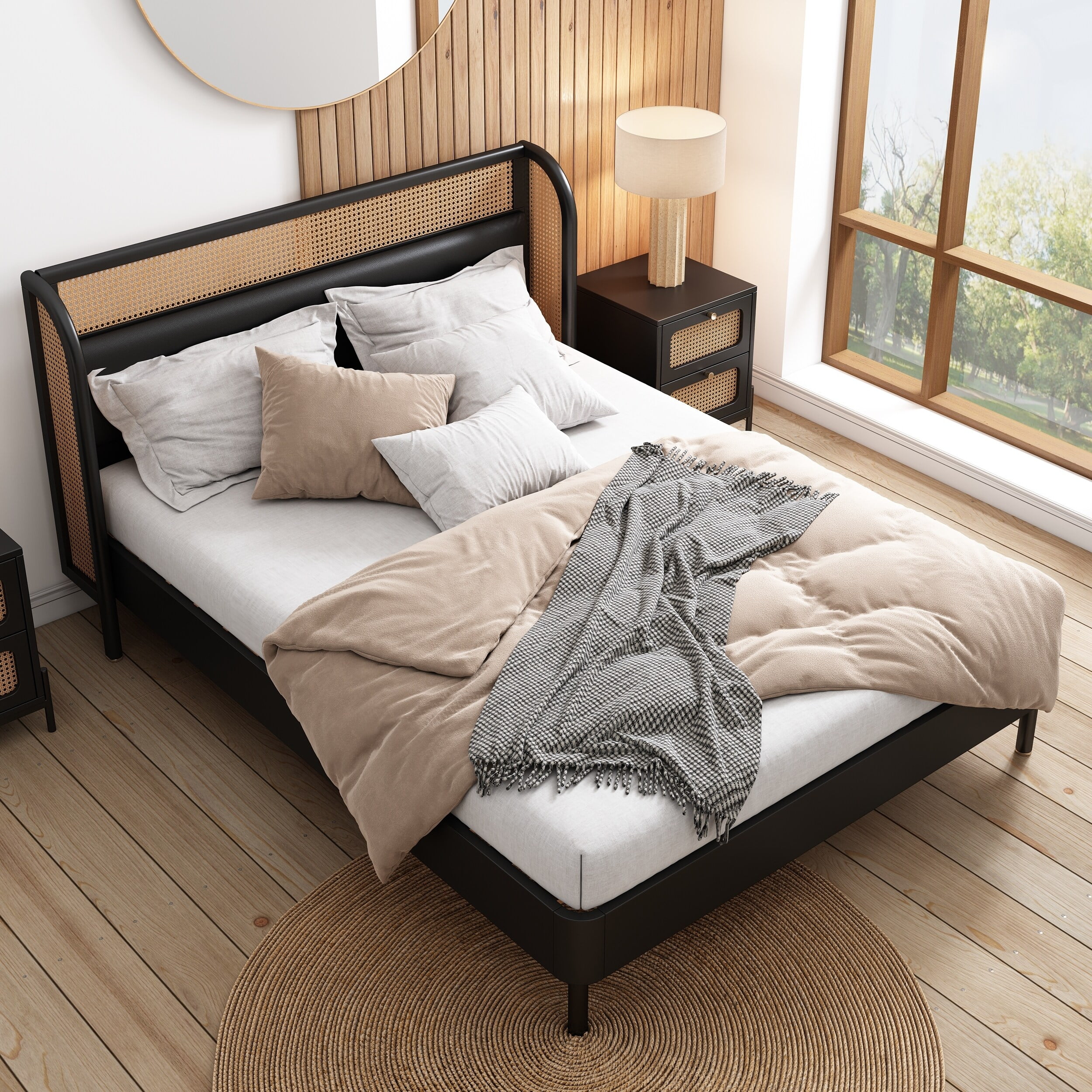 Queen Size Modern Cannage Rattan Wood Platform Bed with PU Leather Curved Wingback Headboard, No Box Spring Neede Black - Queen