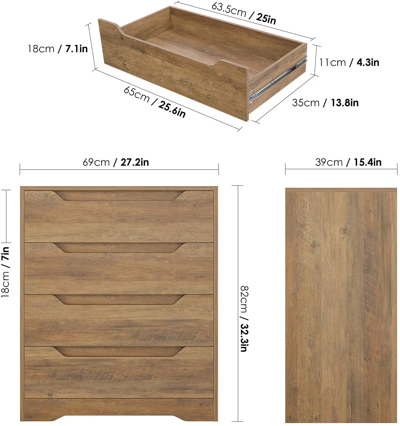 Homfa 4 Drawer Dresser, Wood Chest of Drawers Modern Storage Cabinet Organizer Unit for Bedroom Living Room, Rustic Brown