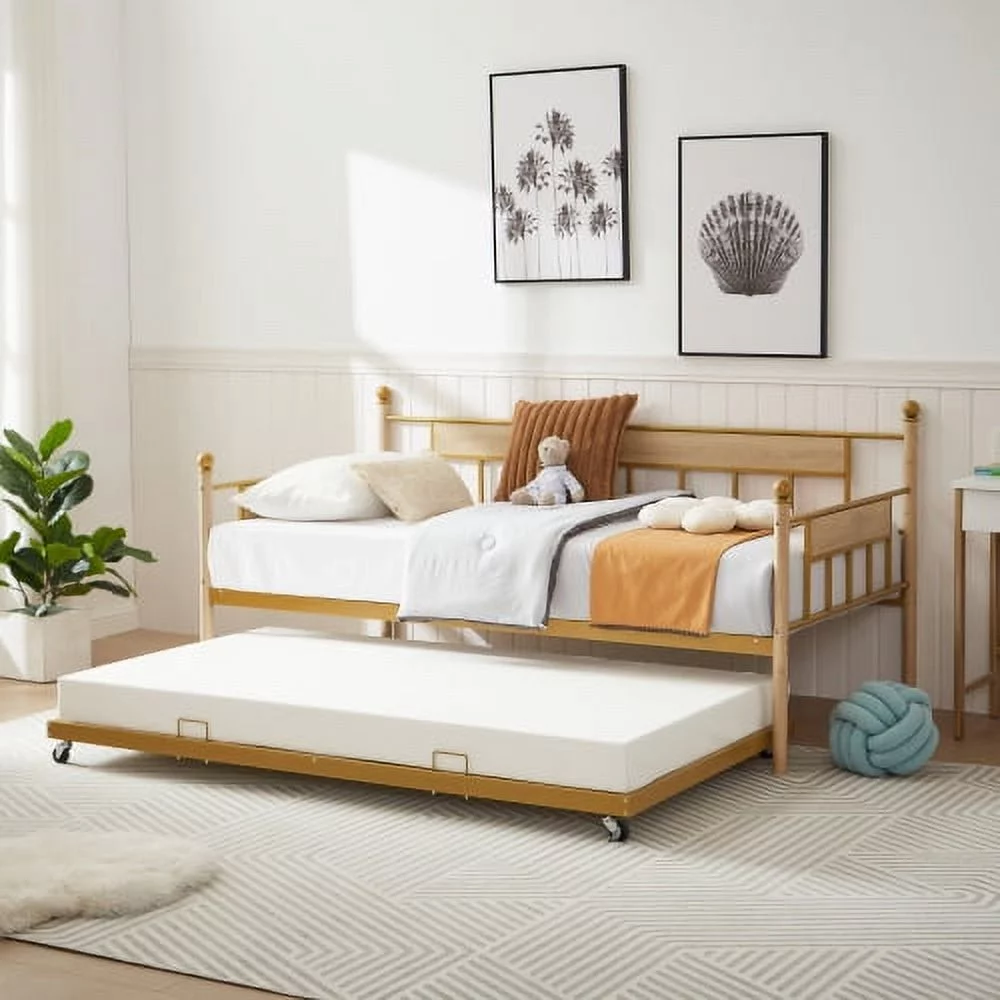 Daybed, Sofa Bed Metal Framed With Trundle Twin Size, Golden, 77'' L X 40.6'' W X 14.5''H