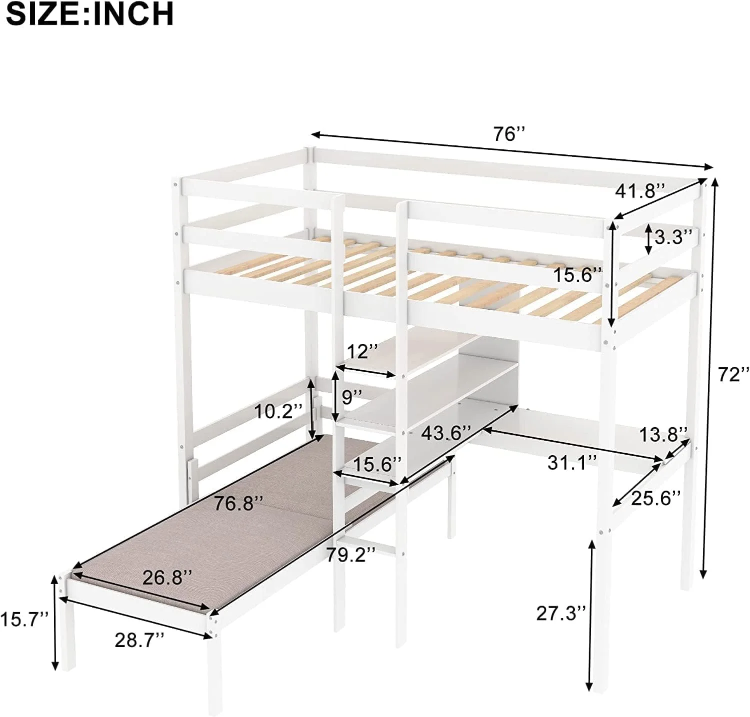 Loft Bed With Desk,Woode Buk Bed With Desk Ad Bookshelf,Covertible Loft Bed For Kids Girls Boys Tees Bedroom, o Box Sprig eeded, White