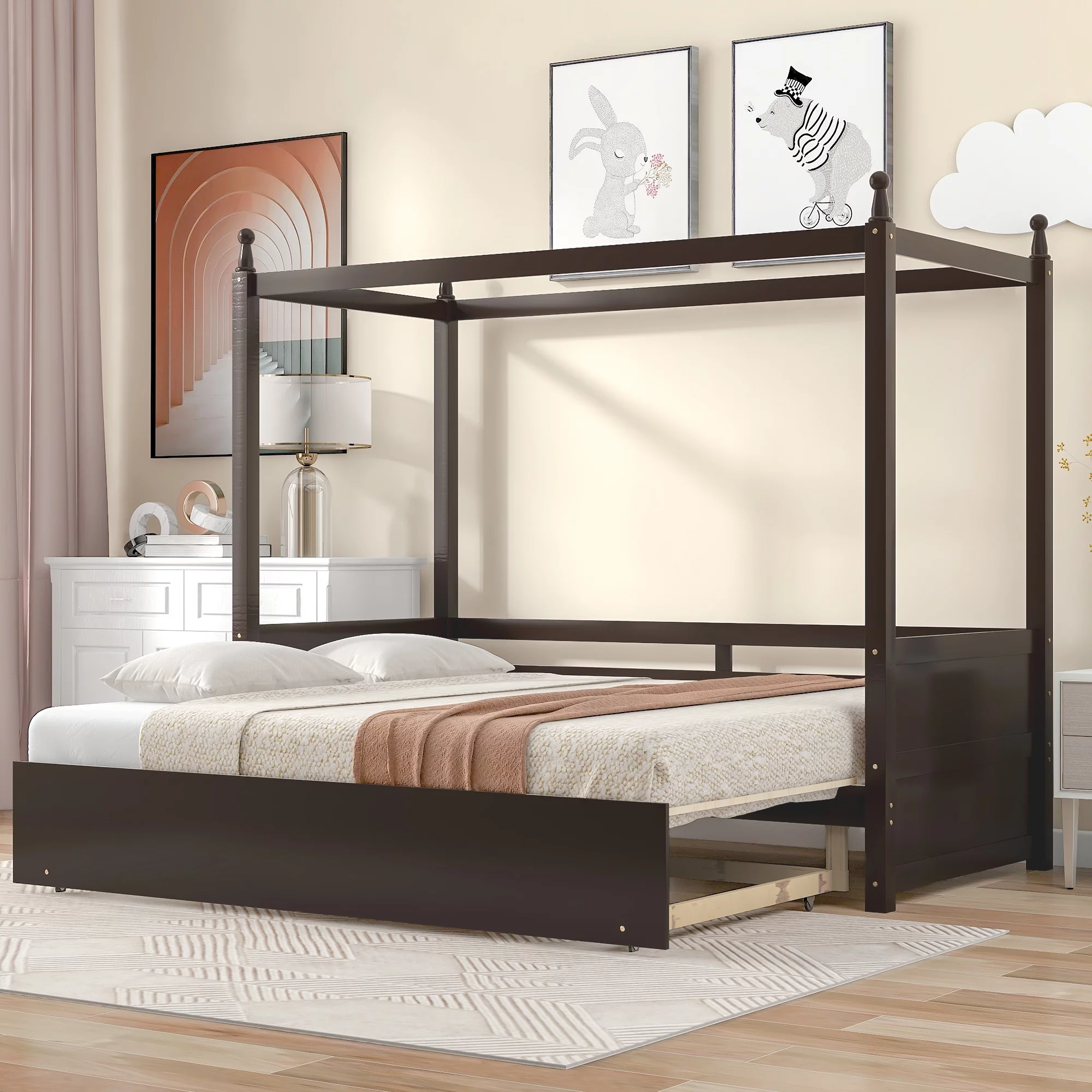 Twin Size Canopy Daybed or Pull-out Platform Bed, Espresso