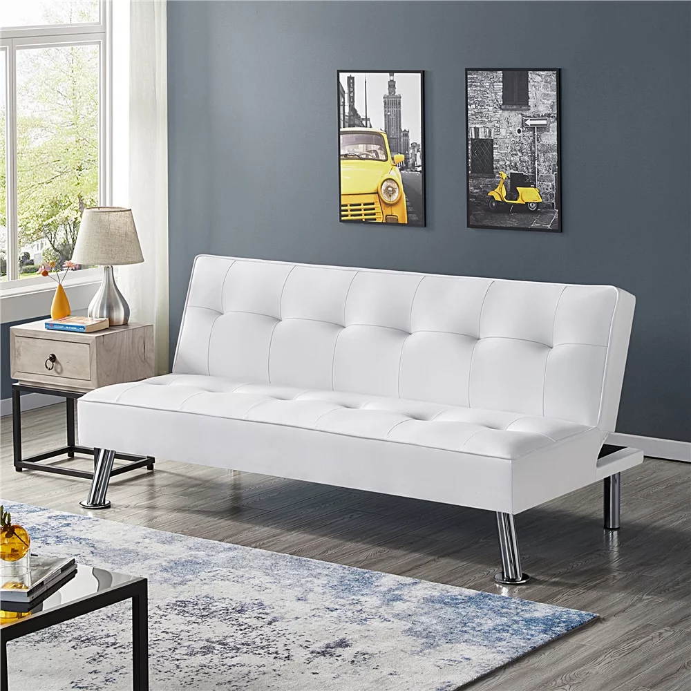 Easyfashion Convertible Faux Leather Futon Sofa Bed, White