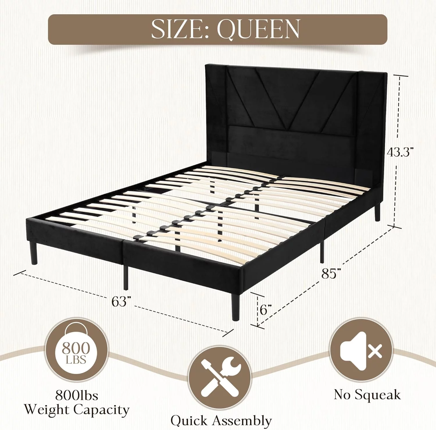 Flolinda Queen Size Velvet Upholstered Platform Bed Frame with Vertical Headboard,Mattress Foundation, Black