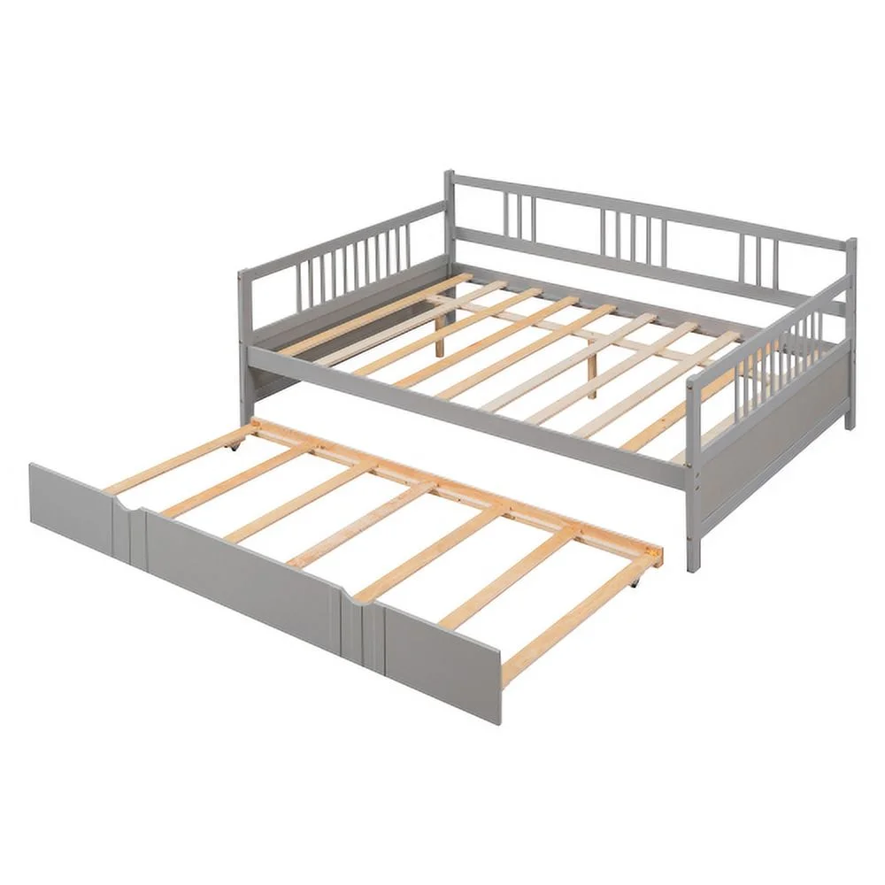 Full Size Daybed Wood Bed with Twin Size Trundle,Gray  10 Upper bed 7 Bottom bed
