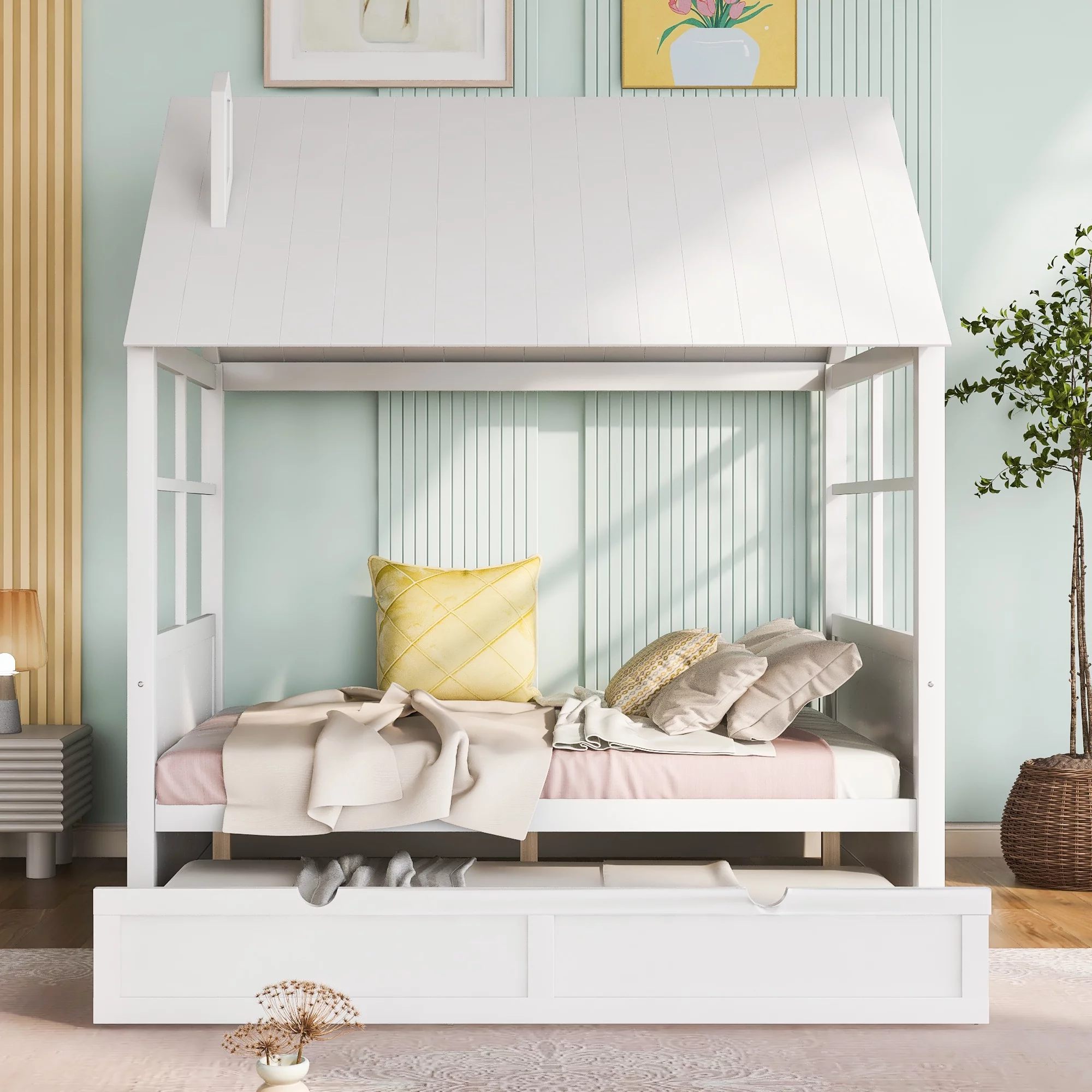 Multifunctional Kids Double Bed Full Size Log Cabin Bed with Double Size Roller Sofa Bed Frame Wooden Sofa Bed White Modern Bedroom Living Room Furniture Decor for Small Spaces