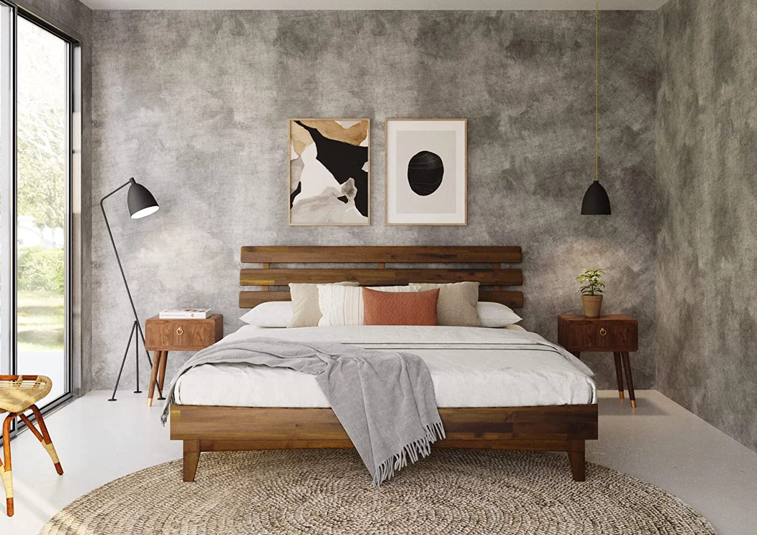 Bme King Size | Caden Deluxe Wooden Bed Frame with Adjustable Headboard, Mid Century Style, Acacia Wood, Caramel