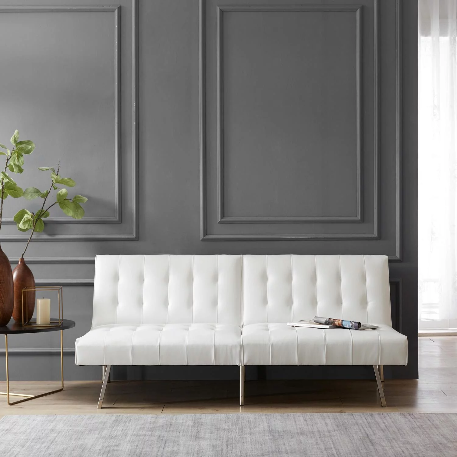 Modern Convertible Tufted Split-Back Futon Sofa Furniture, Tufted Sofa Bed with Chrome Metal Legs for Living Room, Apartment, Faux Leather, White