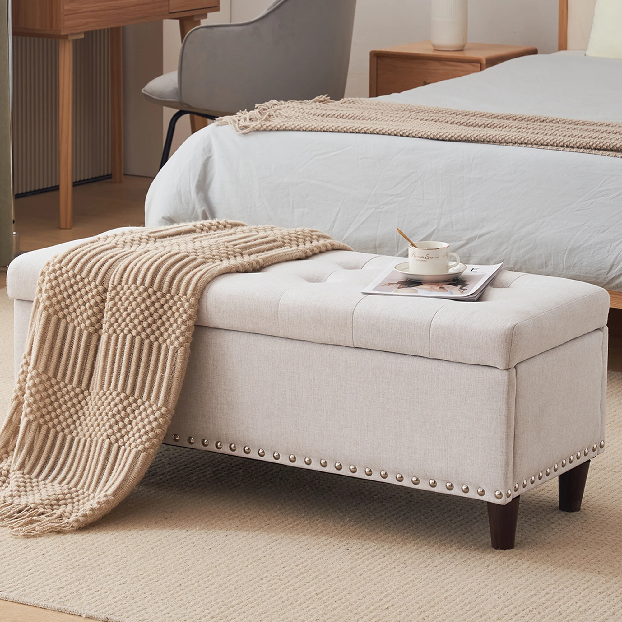 iRerts Storage Ottoman Bench, 43 Inches Entryway Bench with Storage, Linen Upholstered End of Bed Ottoman Bench with Storage and Seating, Storage Bench for Bedroom Living Room Hallway, Off-White