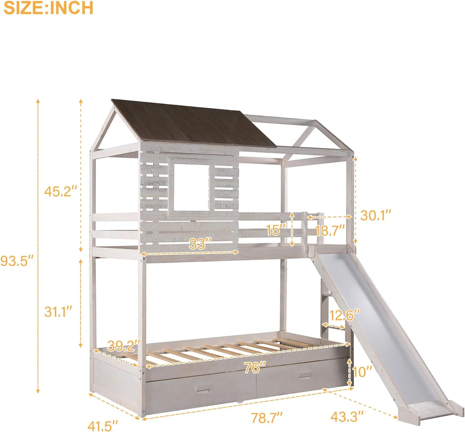 Over Buk Bed With Slide, House Buk Bed With Storage Drawers ,Wood House Bed For Kids & Tees,o Box Sprig eeded , Atique White