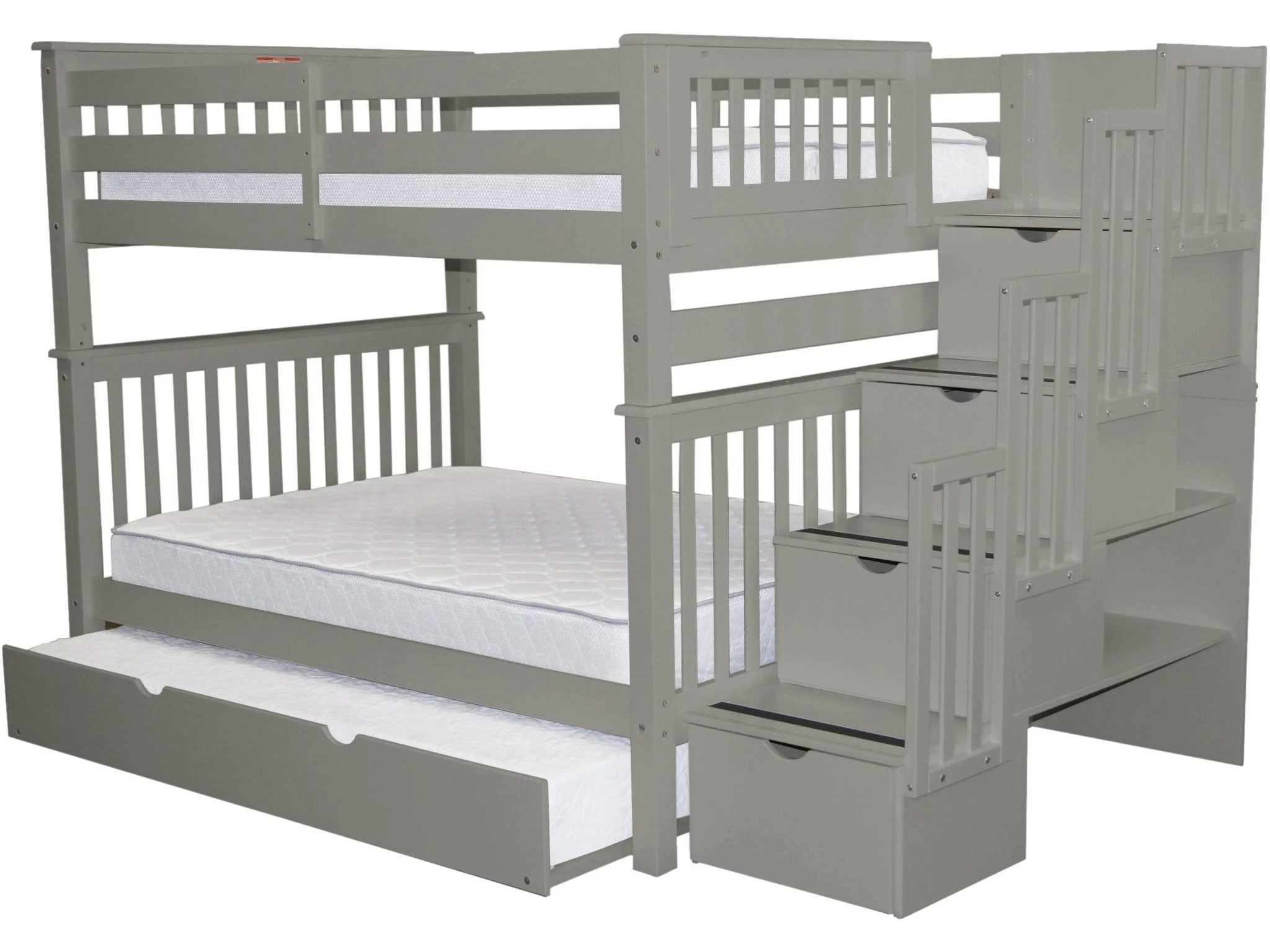 Bedz King Stairway Bunk Beds Full over Full with 4 Drawers in the Steps and a Full Trundle, Gray