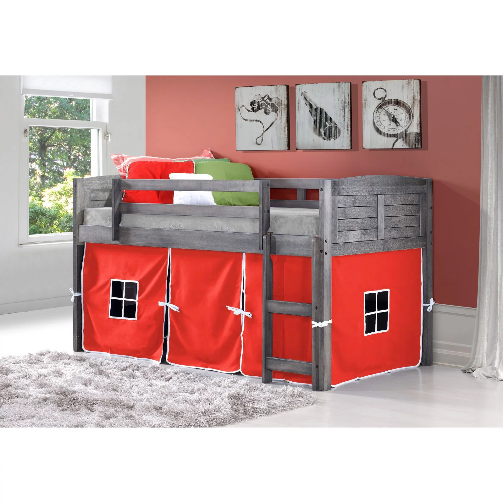 Donco Kids PD-790AAG-R Twin Size Louver Low Loft with Red Tent - Antique Grey Stain