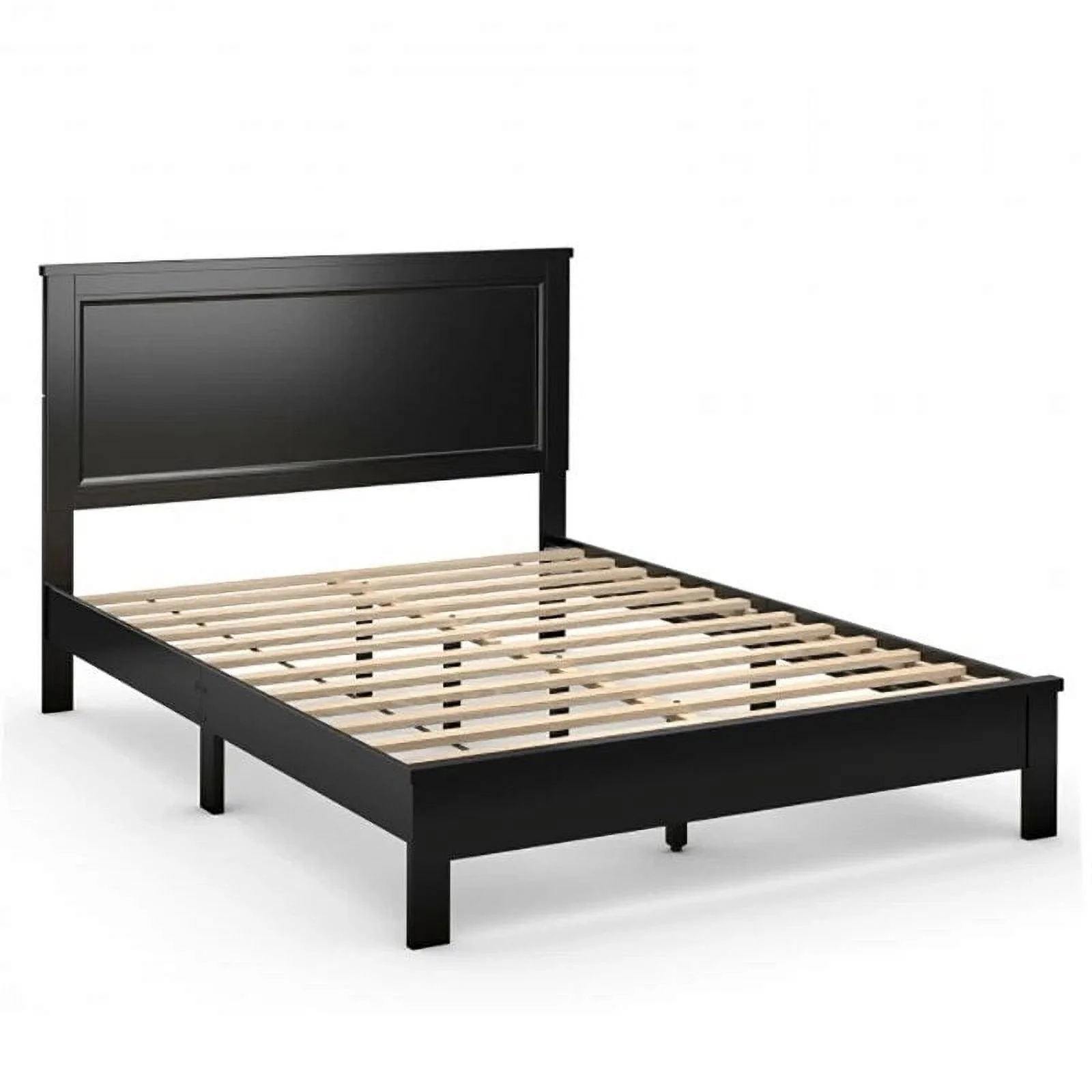 Full Size Platform Slat Bed Frame with High Headboard Rubber Wood Leg Bed Bedroom Furniture