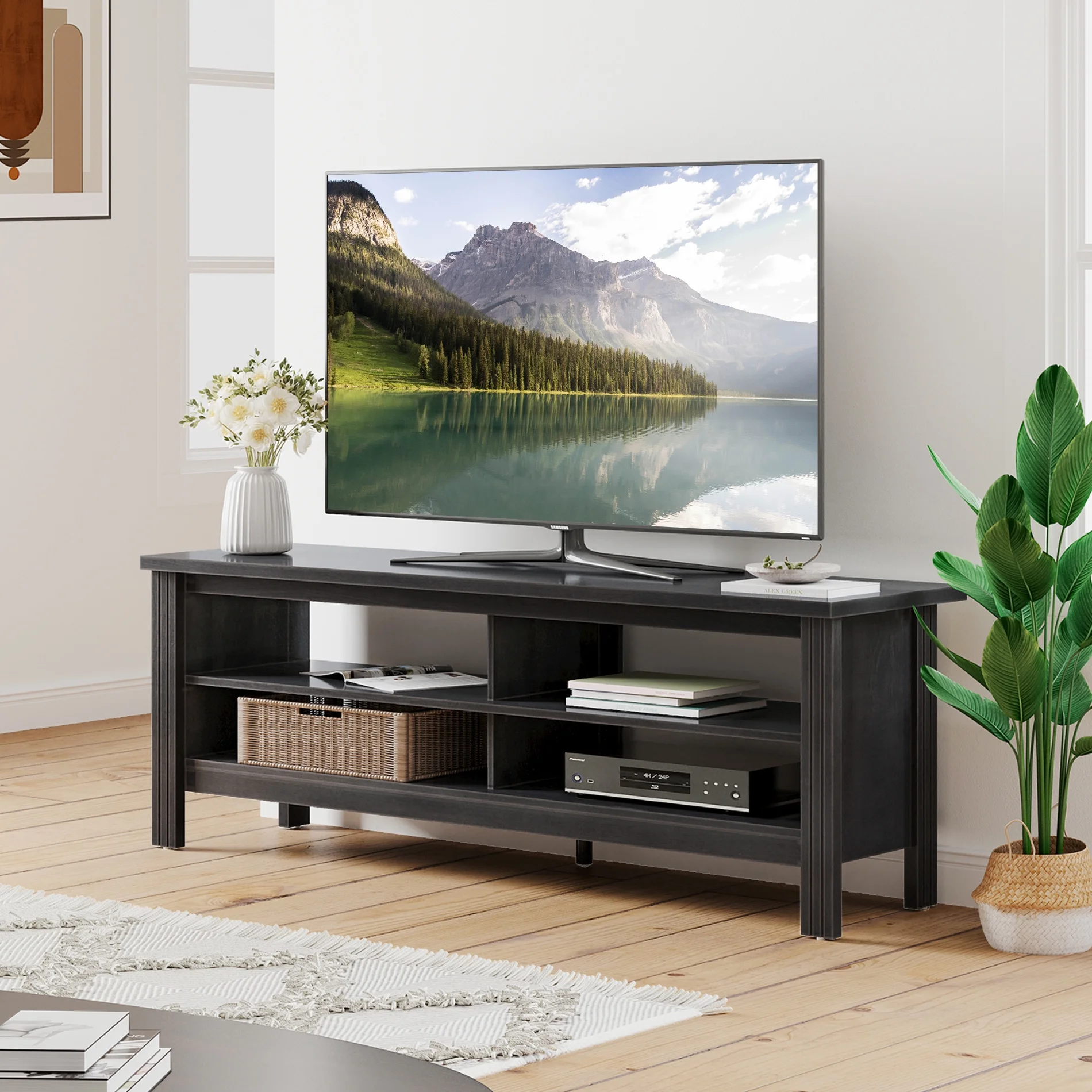Farmhouse TV Stand for 65 Inch TV, Black Wood TV Cabinet for 55-60 inch TV with 4 Cubby for Living Room Bedroom