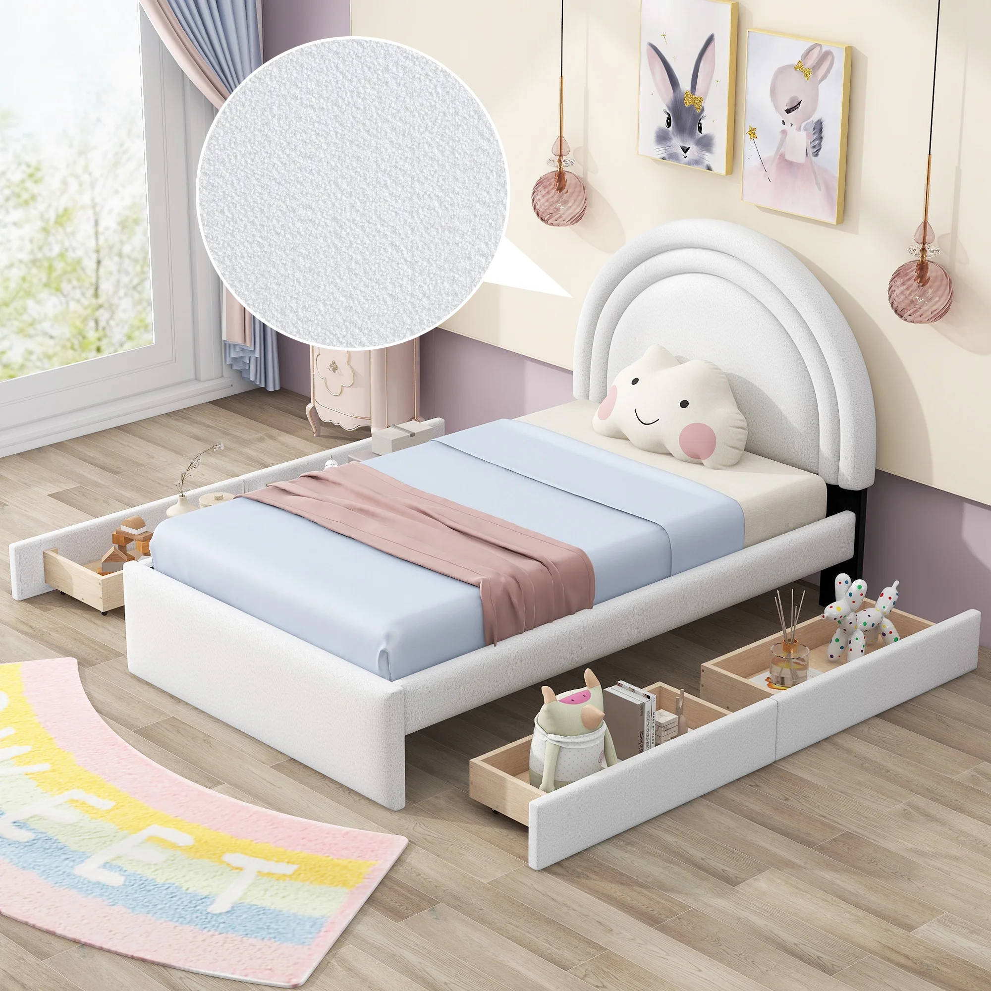 CoSoTower Teddy Upholstered Platform Bed with Four Drawers, Twin, White