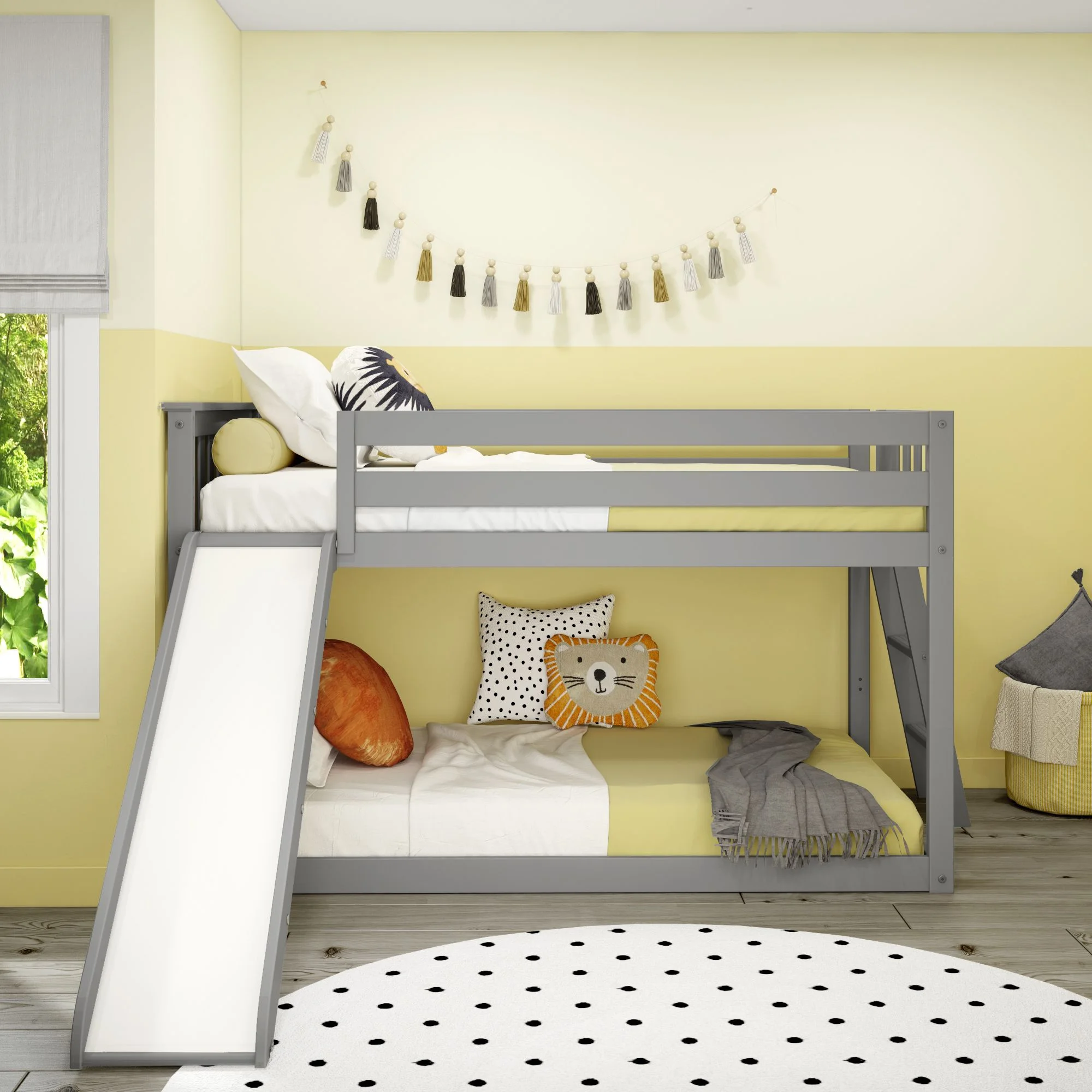 Max & Lily Twin over Twin Low Bunk Bed with Ladder on End and Slide For Kids, Grey