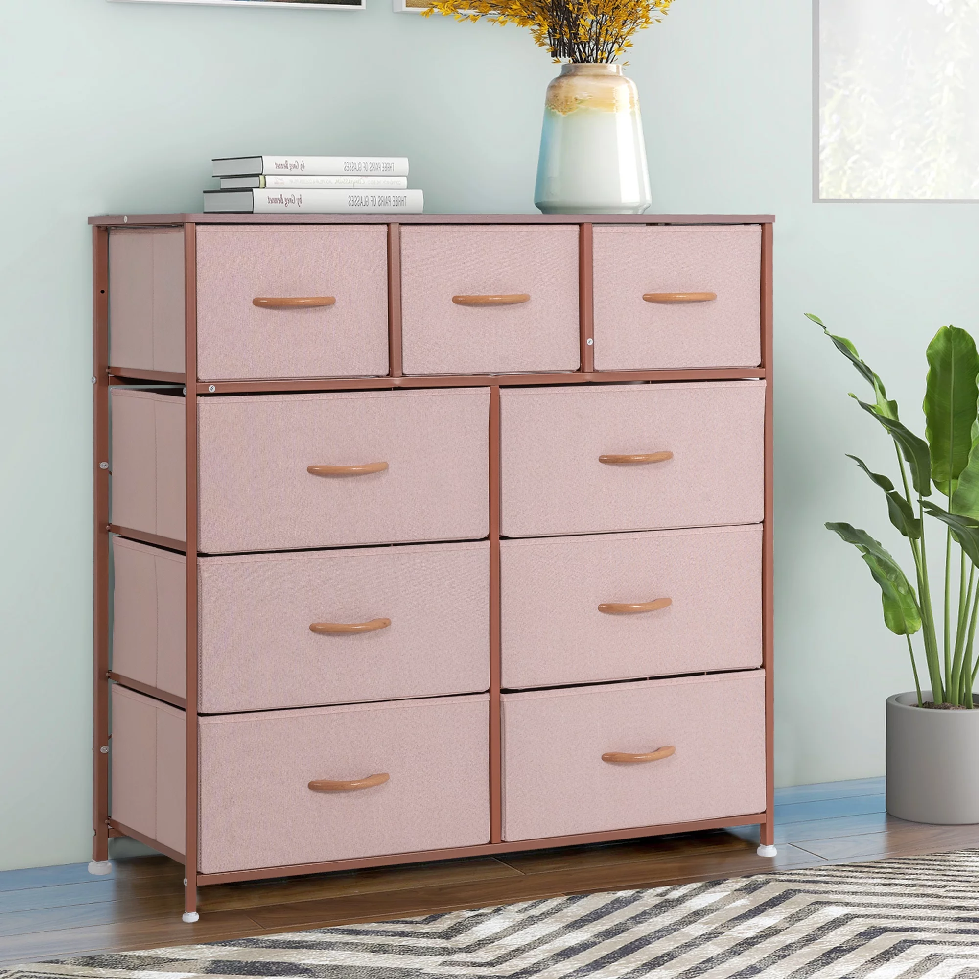 Bedroom Storage Dresser with 9 Drawers Bins Steel Frame Organizer Non-woven Fabric Chest Rose Pink