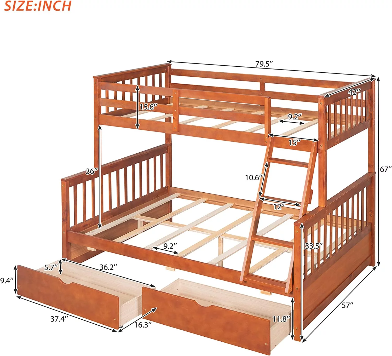 Over Full Bunk Bed With Storage Drawers, Solid Pine Wood Frame And Ladder With Guard Rails For Kids, Teens, Boys And Girls, No Box Spring Needed, Bunk Bed Walnut