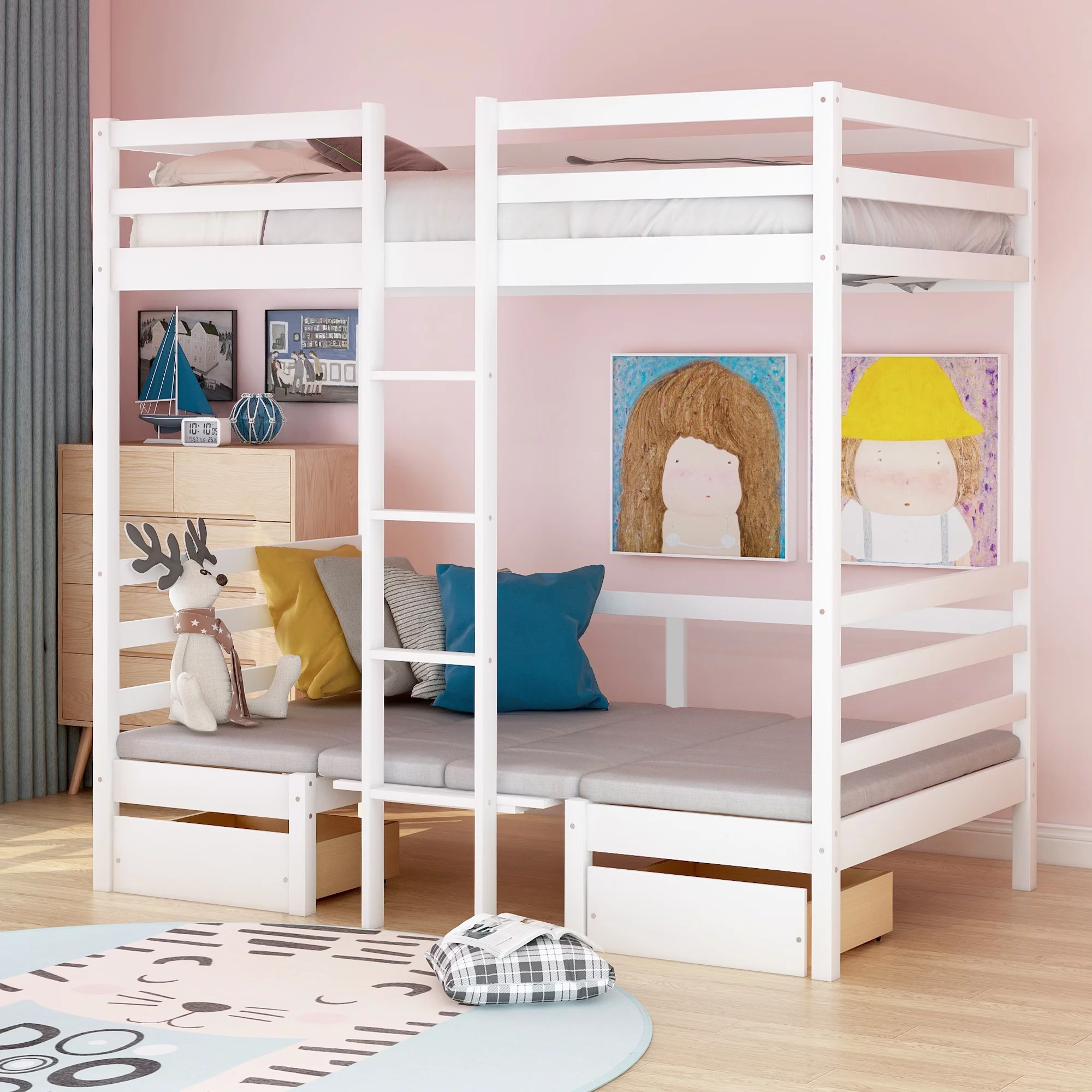 Dcenta Functional Loft Bed (turn into upper bed and down desk,cushion sets are free),Twin Size,White