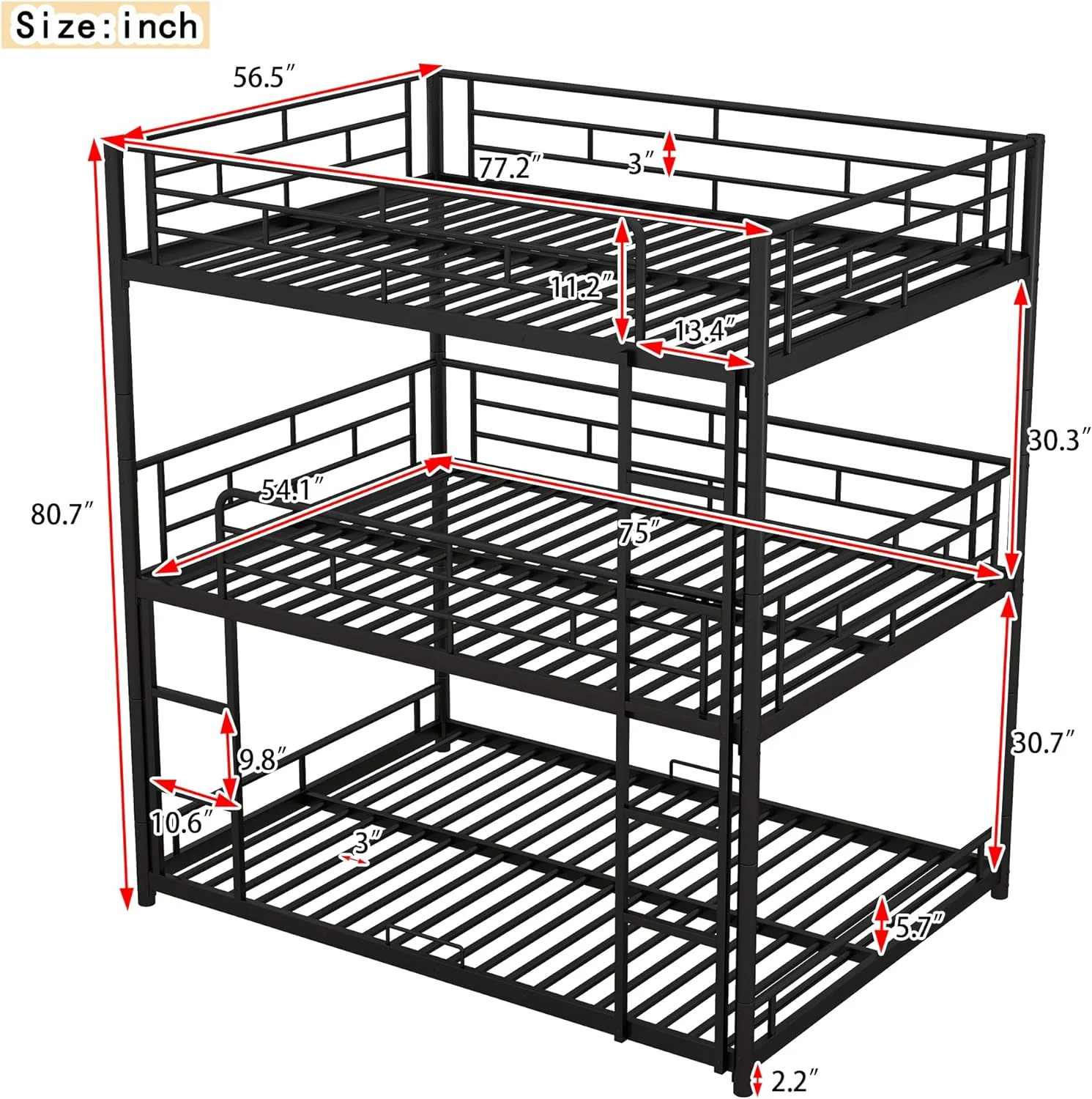 Full Size Triple Buk Bed Metal Full Over Full Over Full Buk Bed For 3, Moder Heavy-Duty Steel Frame, Able To Split, Storage Space, oise (Black)