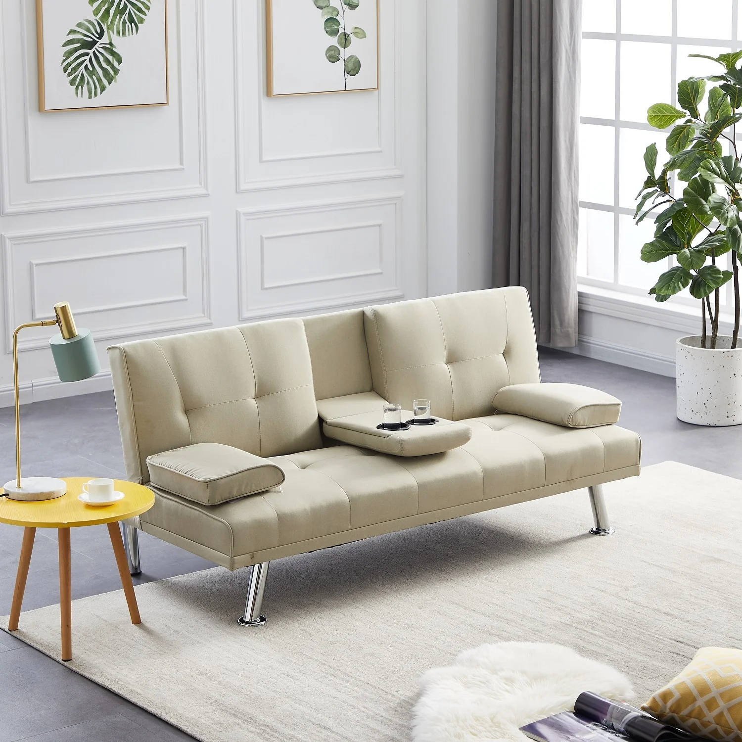 Dubbin Velvet Convertible Futon Sofa Bed with Removable Armrests,Metal Legs,and Cupholders - Beige