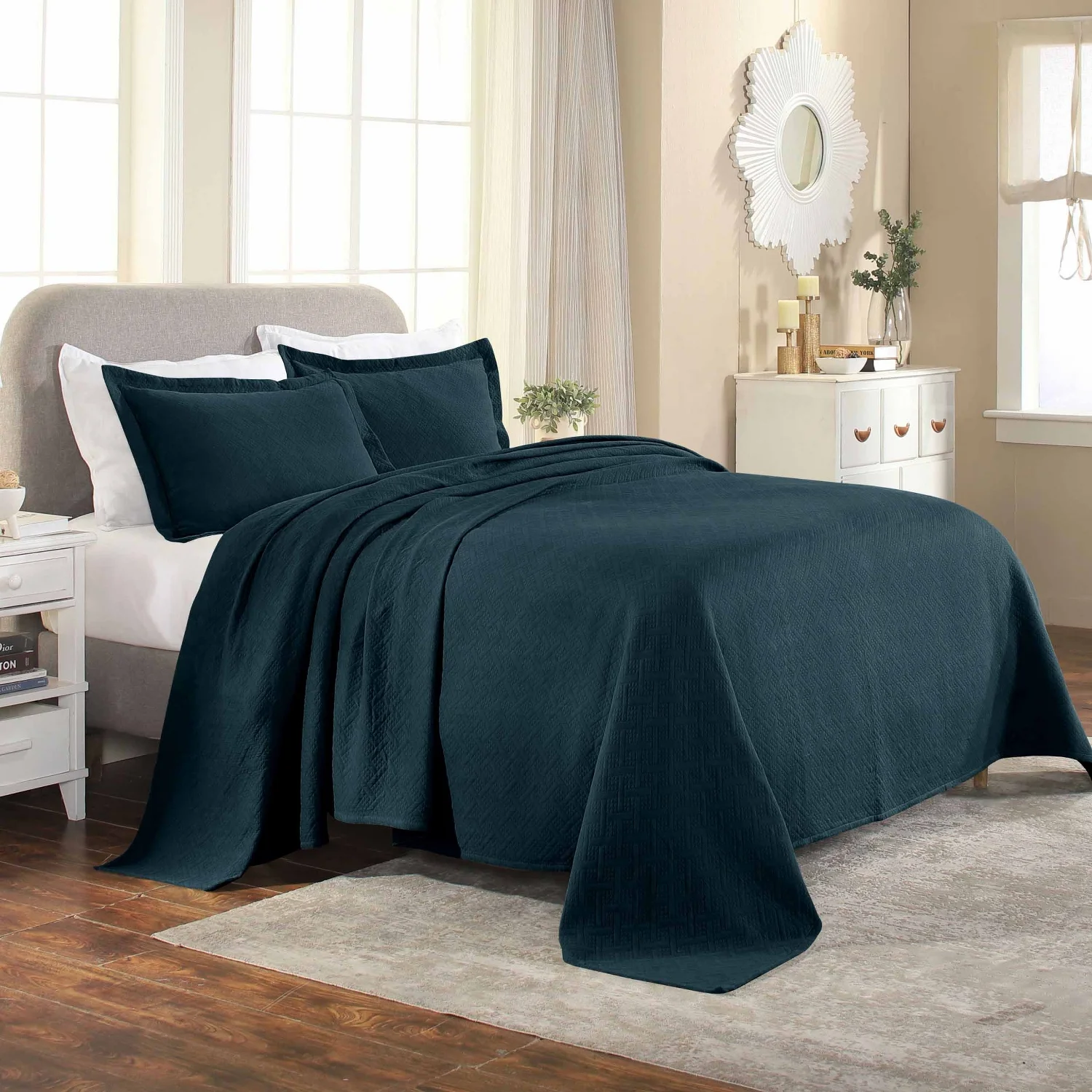 Superior Cotton Basket Bedspread 3 Piece Set, Queen, Deep sea