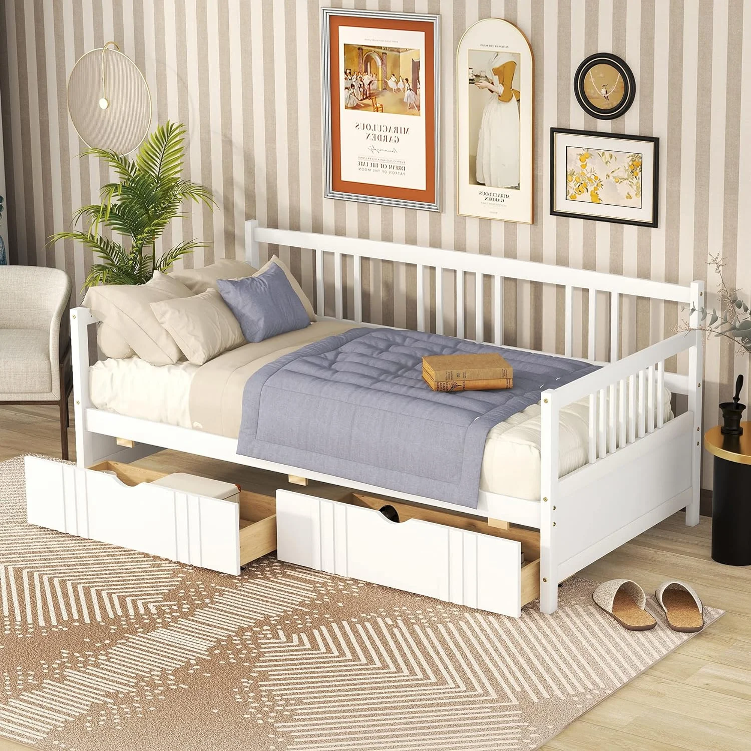 Size Daybed Wih 2 Drawers, Wood Daybed Wih Sorage, Dual-Use Surdy Bed Frame For Livig Room,Gues Room,Childre Room, o Box Sprig eeded(, Whie)